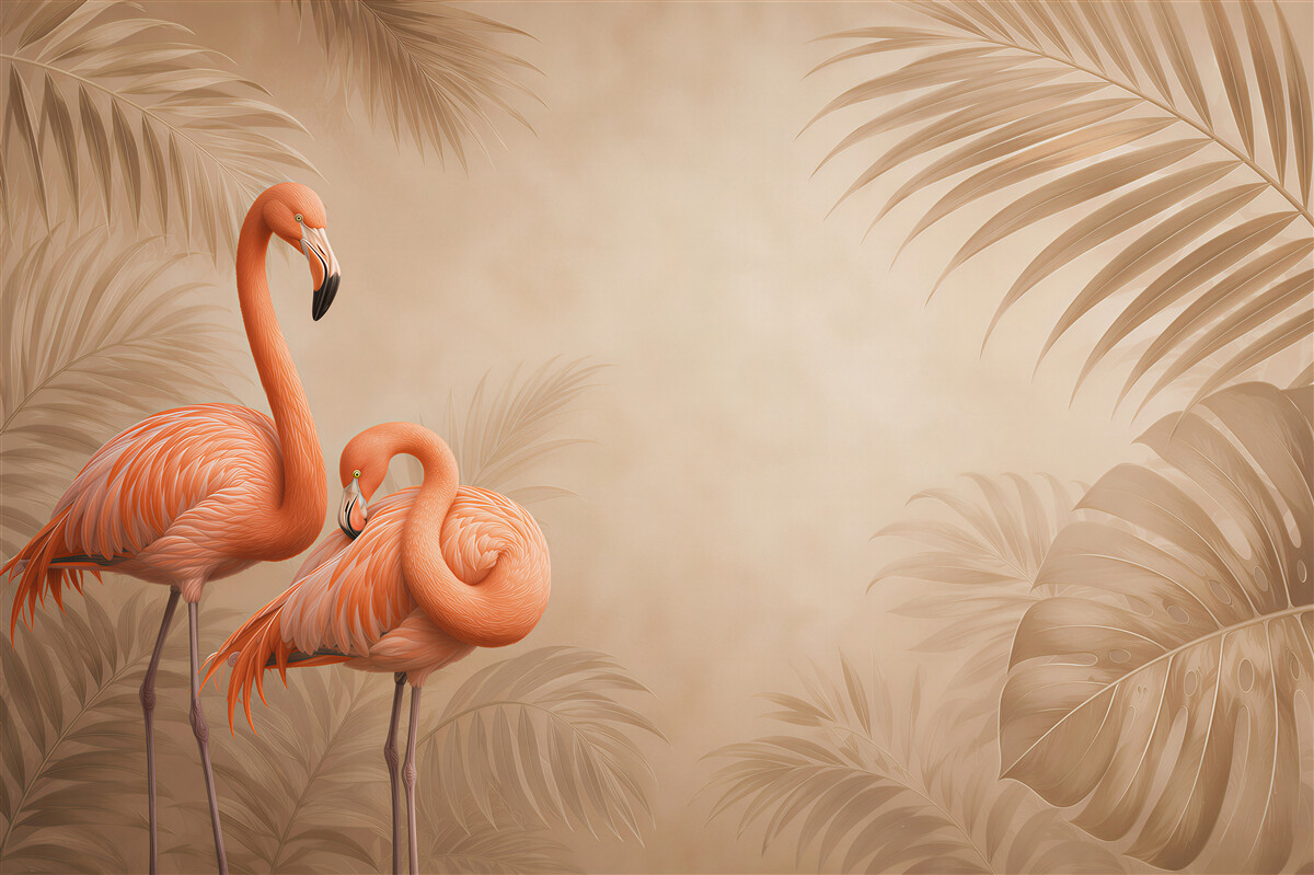 Fototapeta flamingi tropikalne na beżowym tle z liśćmi palmowymi