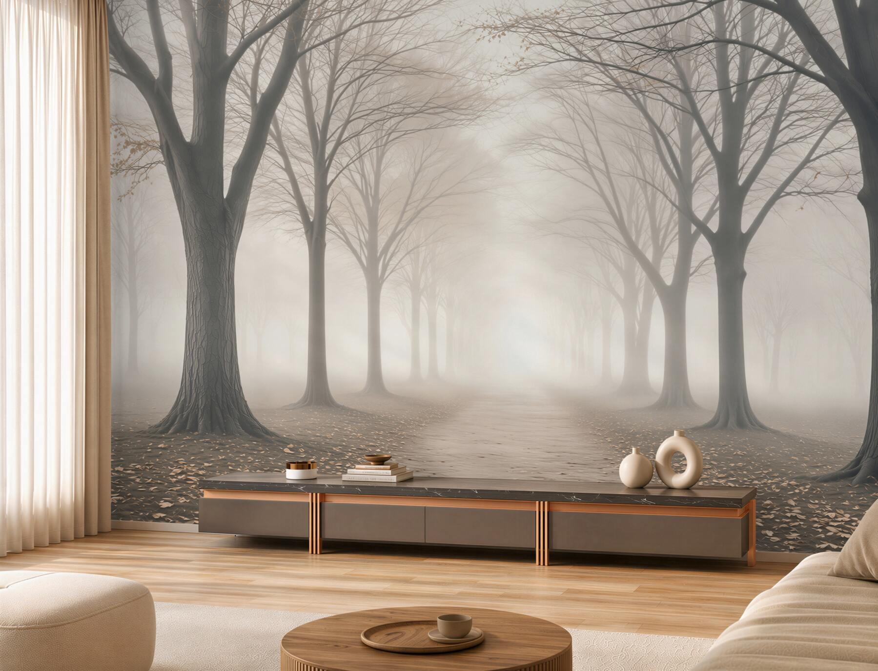 Fototapeta aleja drzew we mgle minimalistyczna beżowo szara do salonu