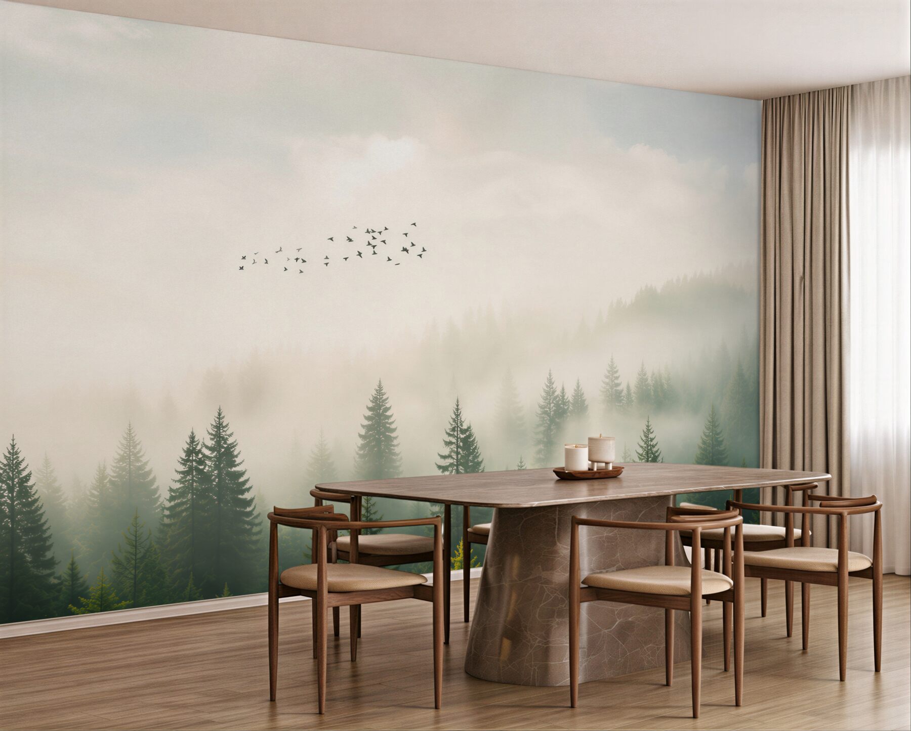 Fototapeta świerkowy las we mgle z ptakami spokojny krajobraz?v23