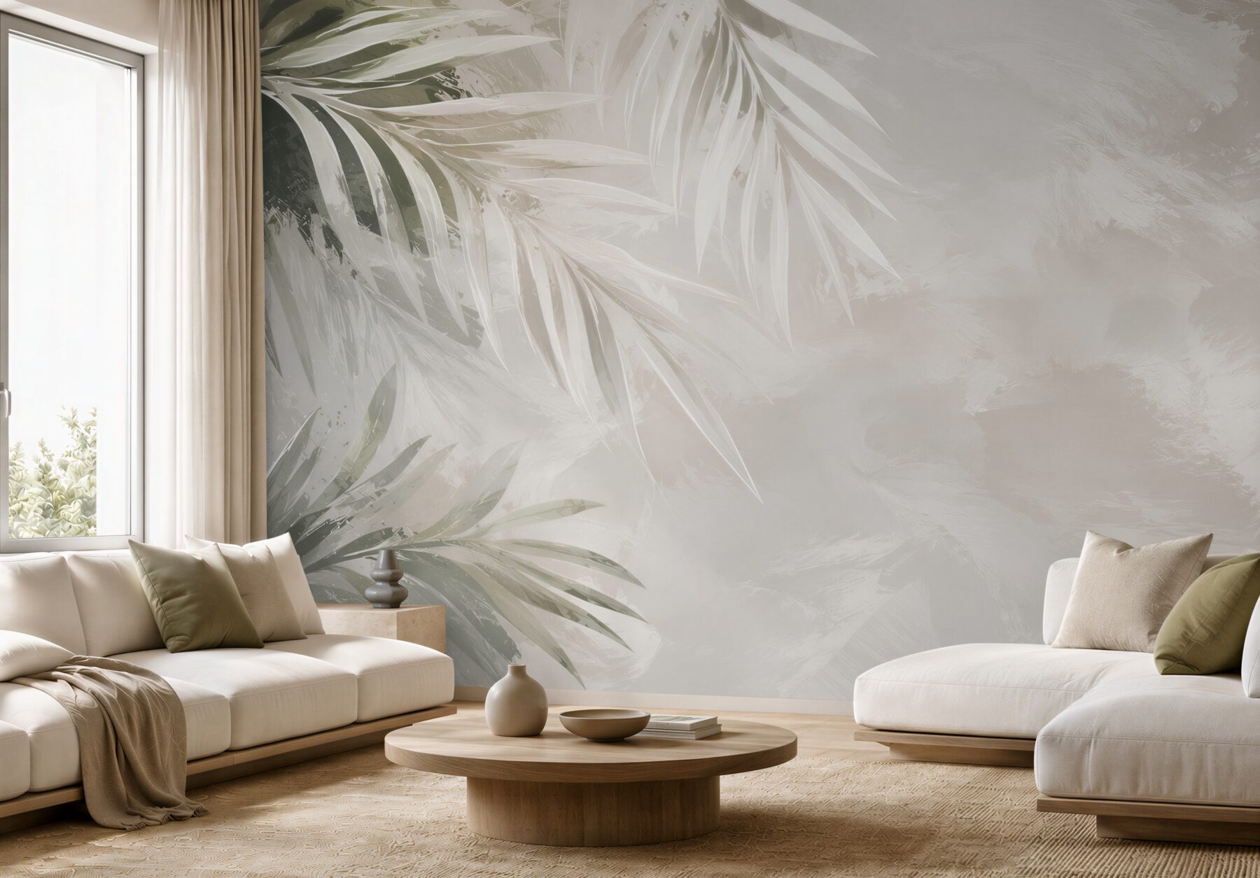 Fototapeta jasne liście palmowe beżowo szare w subtelnym stylu tropical?v23