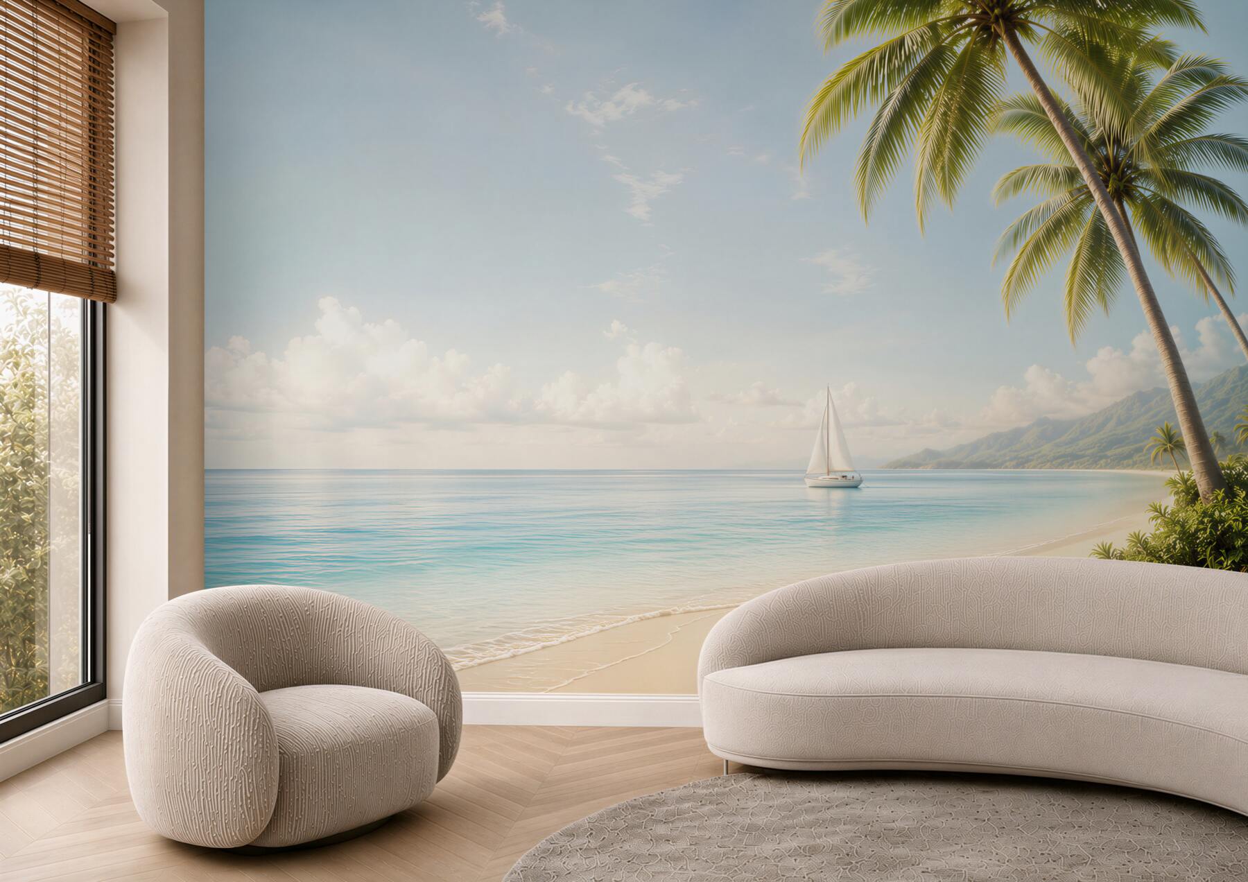 Fototapeta żaglówka na spokojnym morzu przy tropikalnej plaży?v23