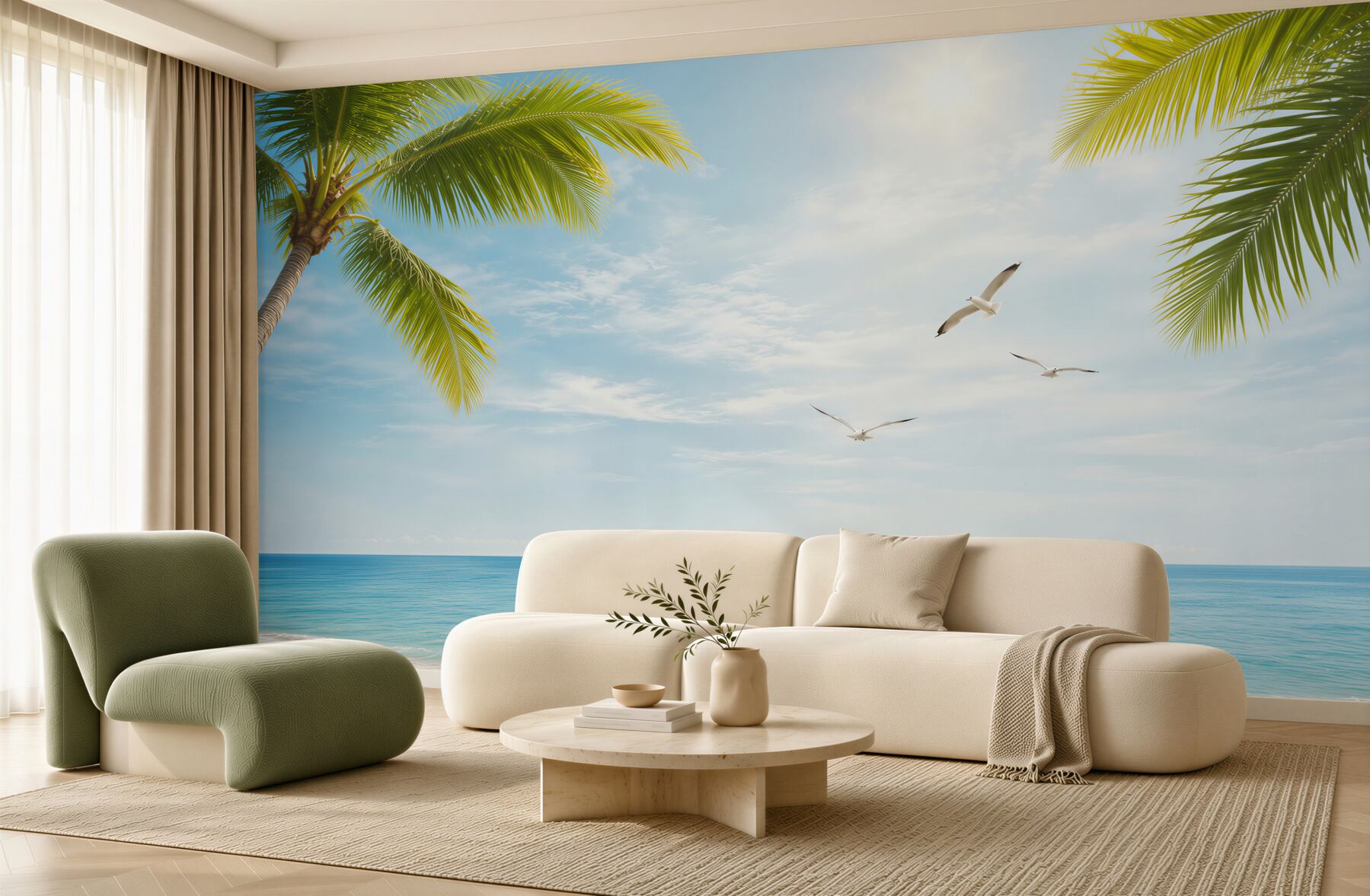 Fototapeta rajska plaża z palmami i mewami nad turkusowym morzem?v23