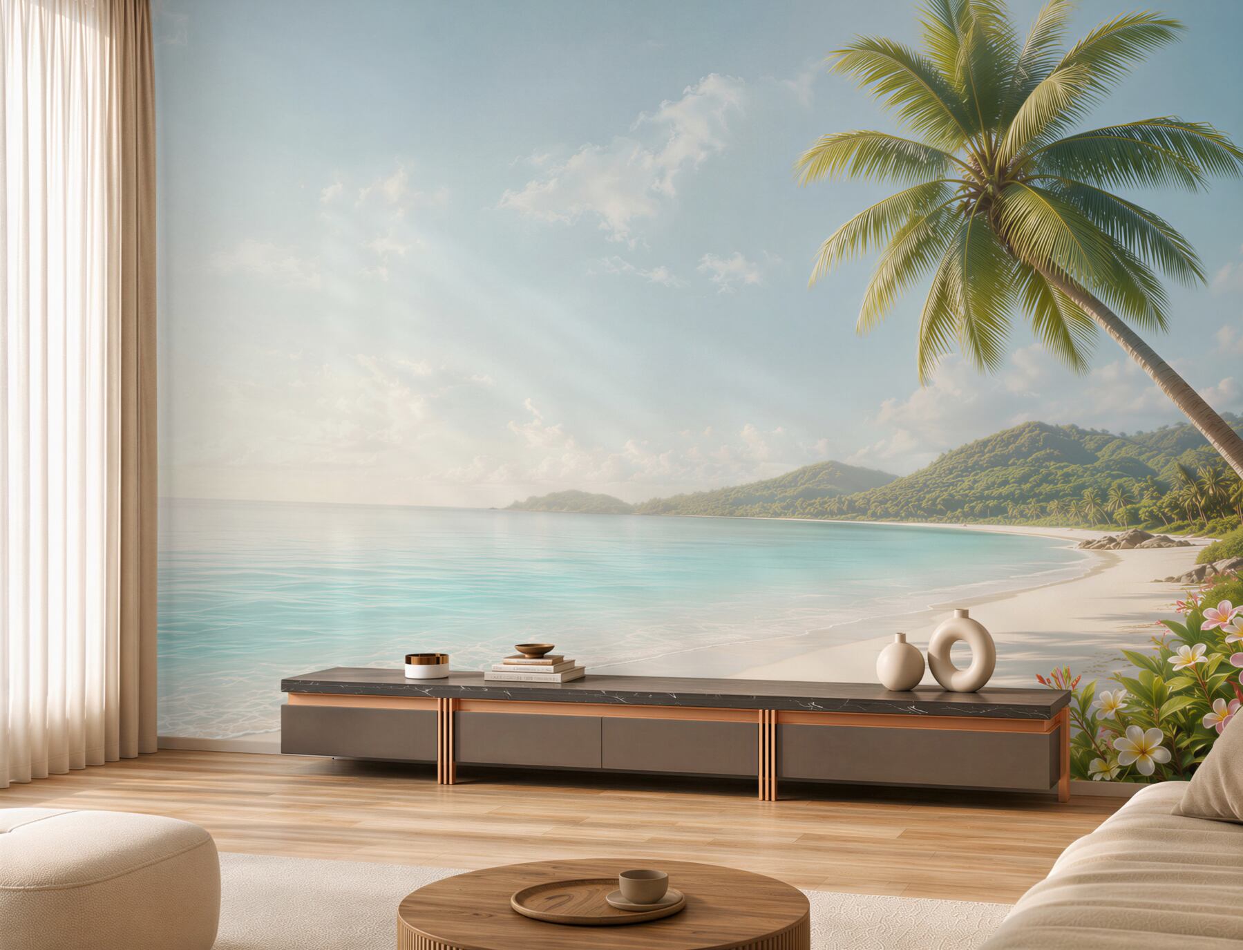 Fototapeta rajska plaża z palmą i kwiatami w pastelowych barwach