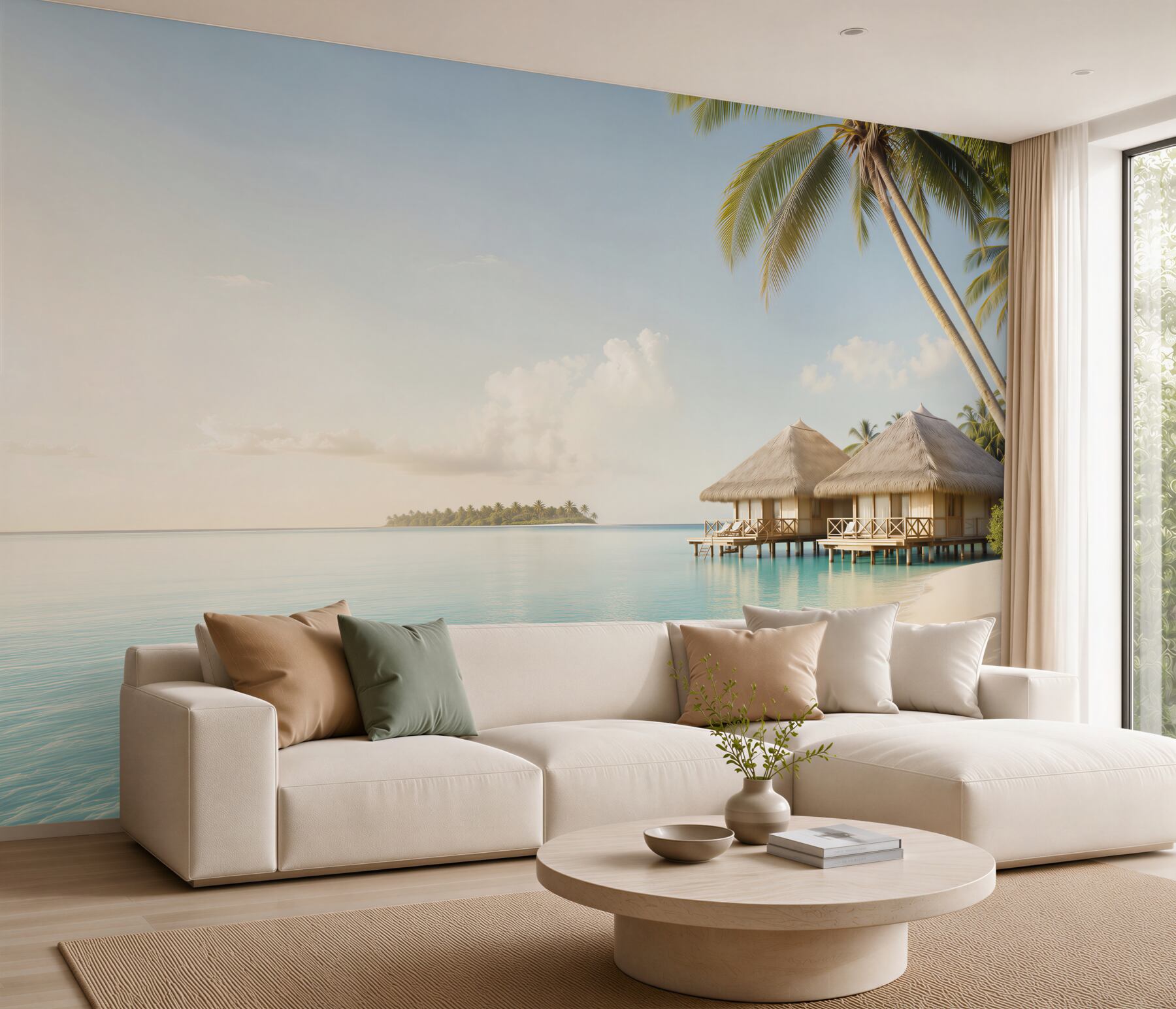 Fototapeta bungalowy nad laguną z palmami i spokojną plażą?v23