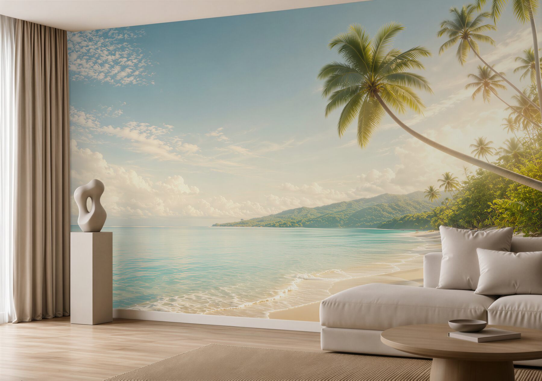 Fototapeta rajska plaża z palmami i górami w pastelowych barwach?v23