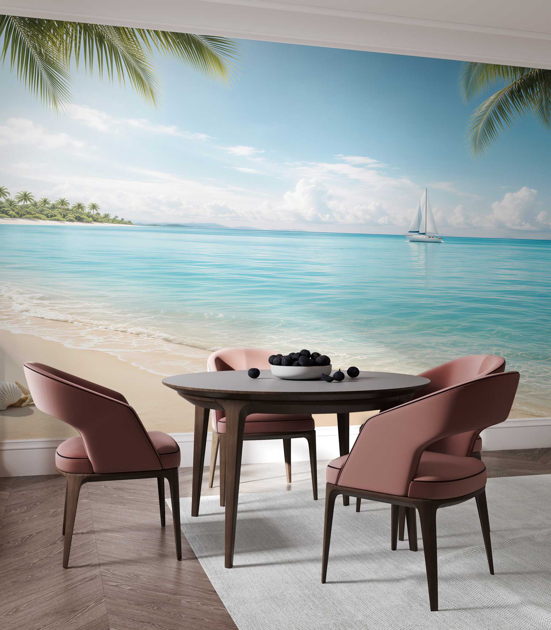 Fototapeta rajska plaża z żaglówką i palmami błękitne morze?v23
