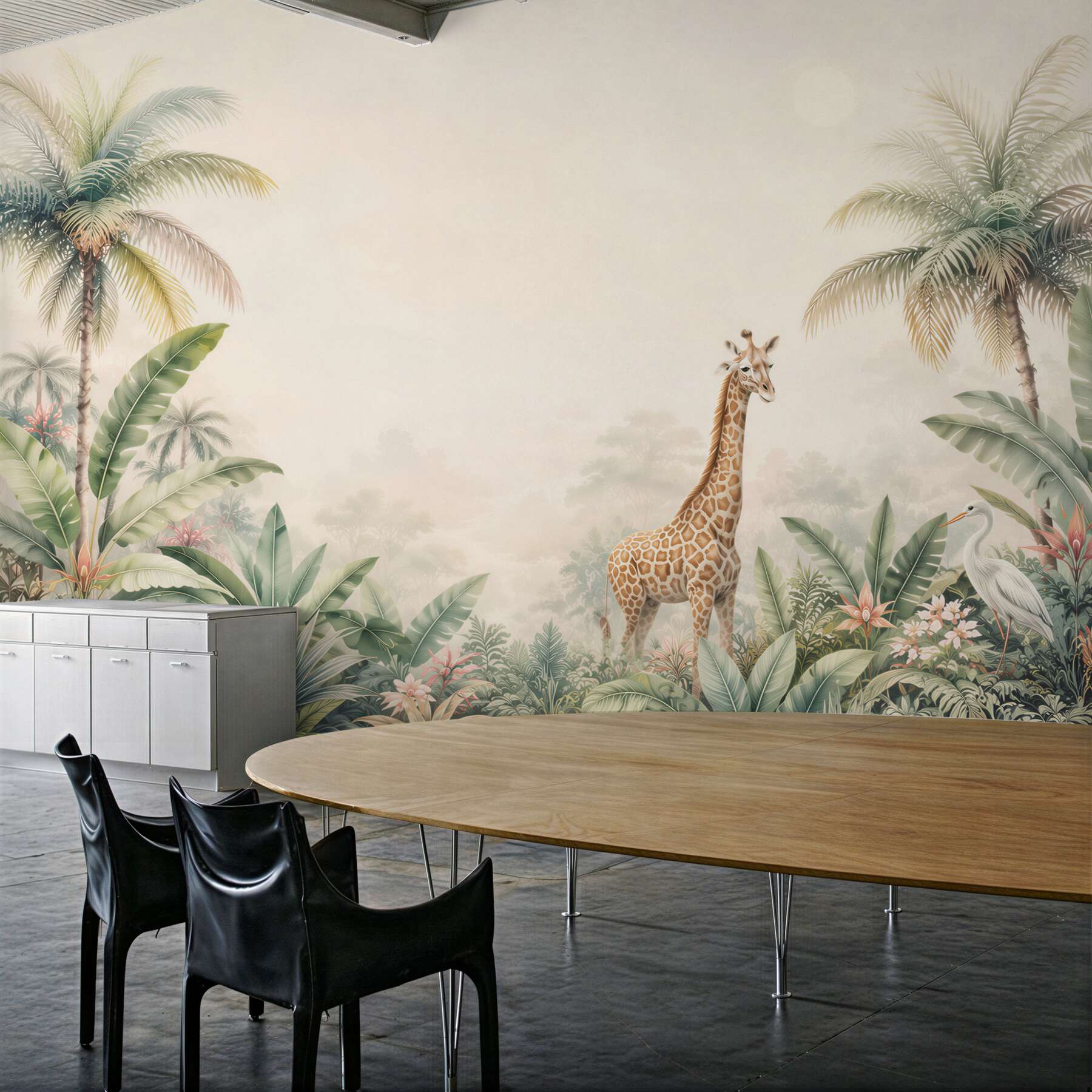 Fototapeta żyrafa wśród palm i egzotycznych roślin pastelowa safari?v23