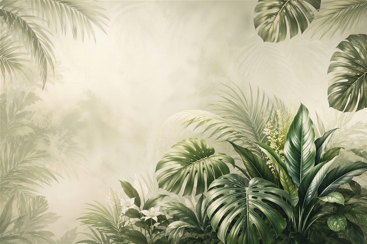 Fototapeta liście tropikalne zielone monstera i palma na jasnym tle