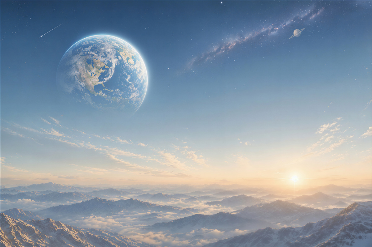 Fototapeta kosmiczny krajobraz z planetą nad górami w błękitnych pastelach