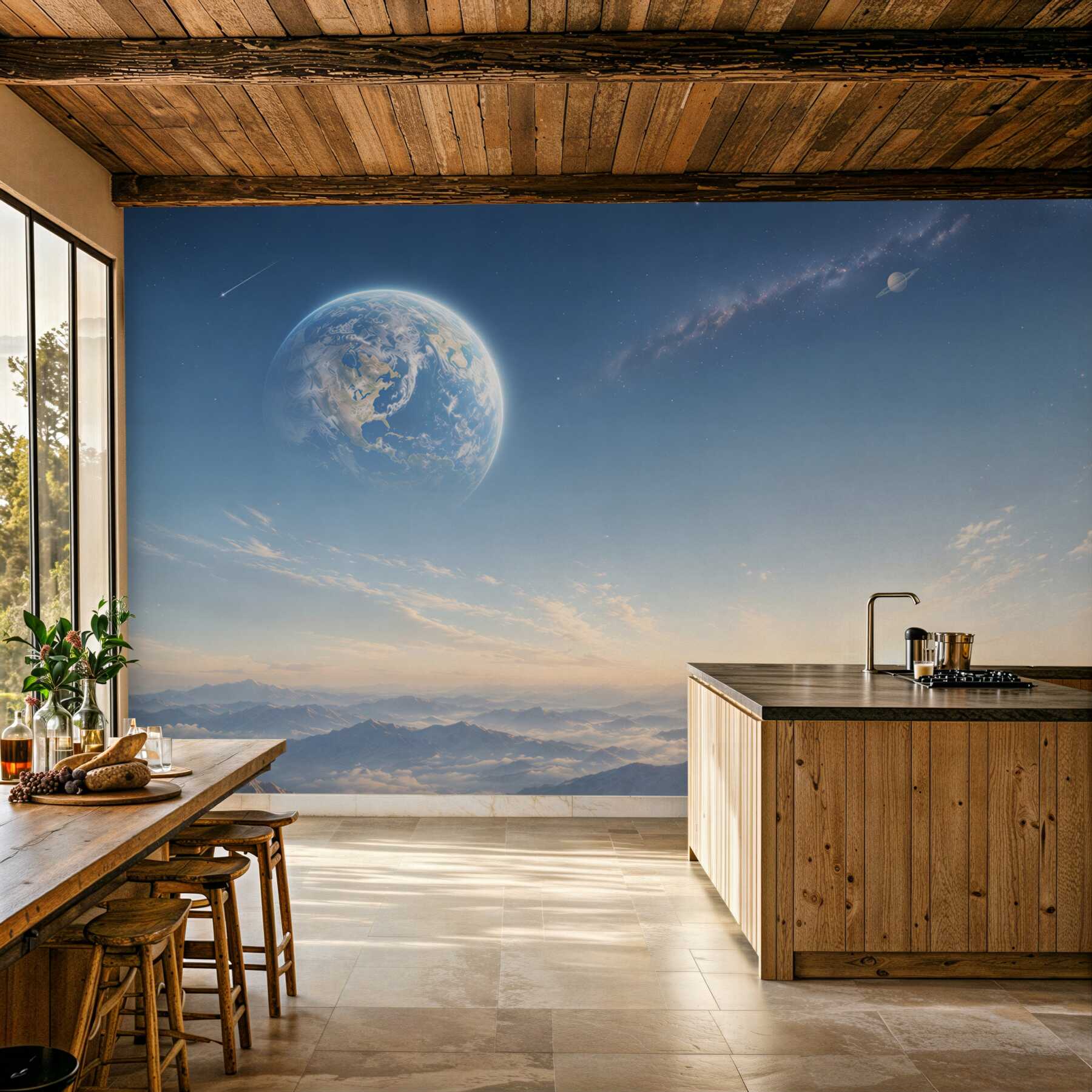 Fototapeta kosmiczny krajobraz z planetą nad górami w błękitnych pastelach?v23