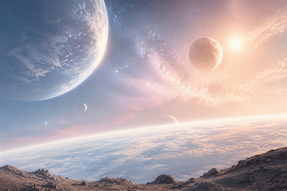 Fototapeta kosmos z planetami i chmurami w pastelowych kolorach