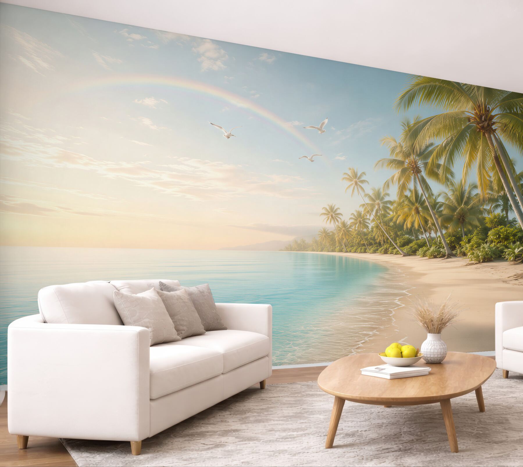 Fototapeta tropikalna plaża z palmami i tęczą nad turkusowym morzem?v23