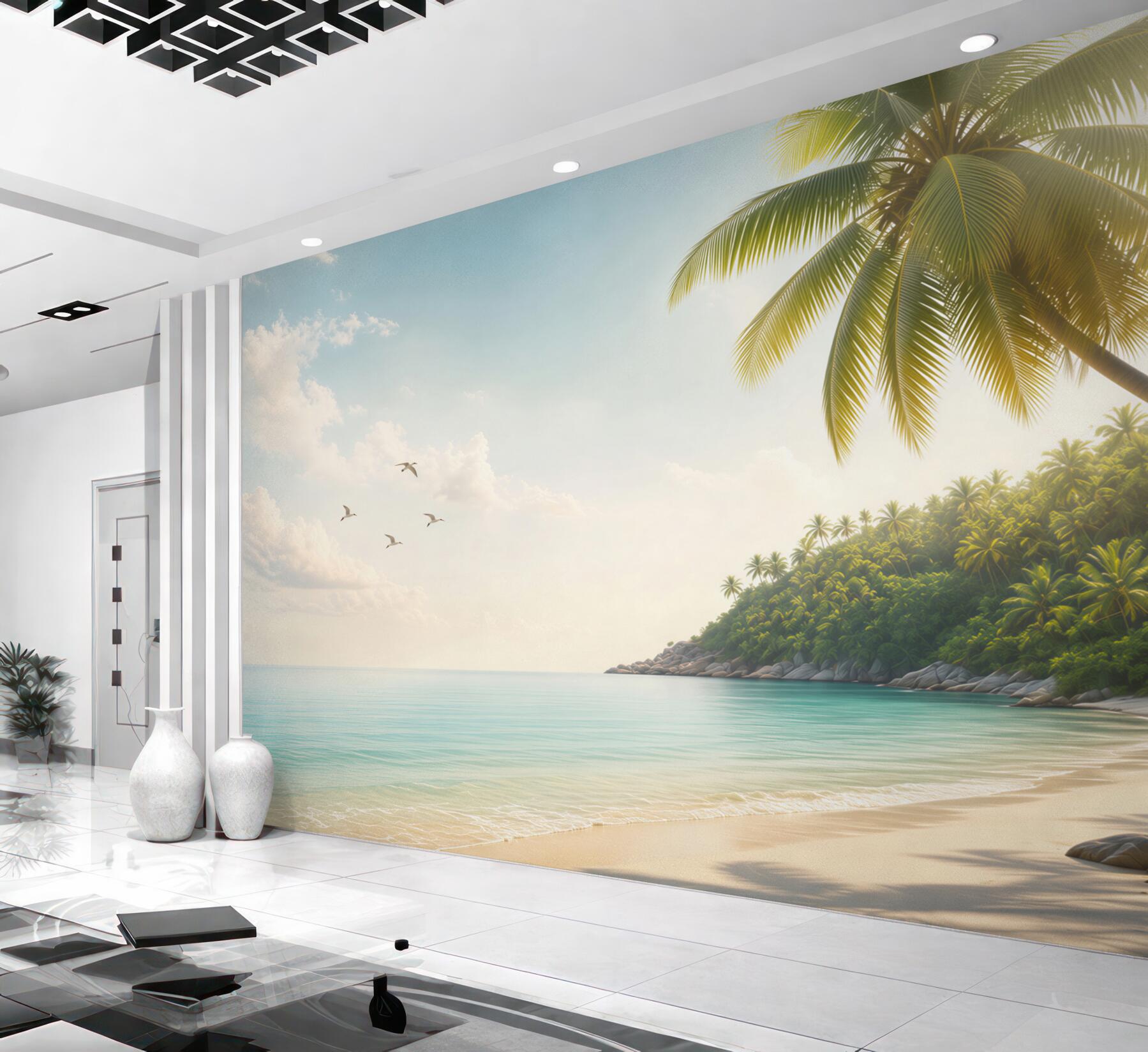 Fototapeta tropikalna plaża z palmami i turkusowym morzem o poranku?v23
