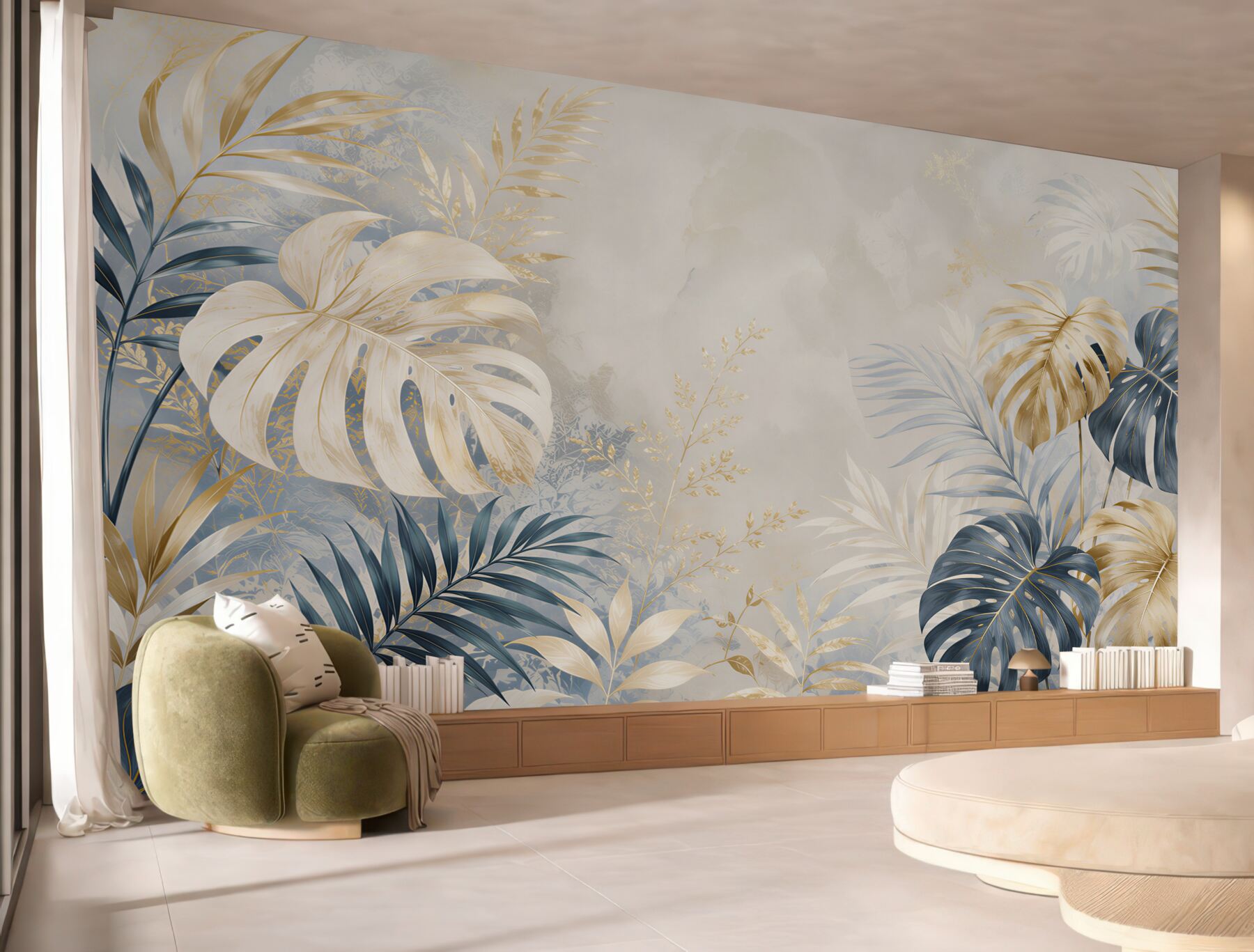 Fototapeta liście monstera granatowo złote eleganckie tropikalne do salonu?v23
