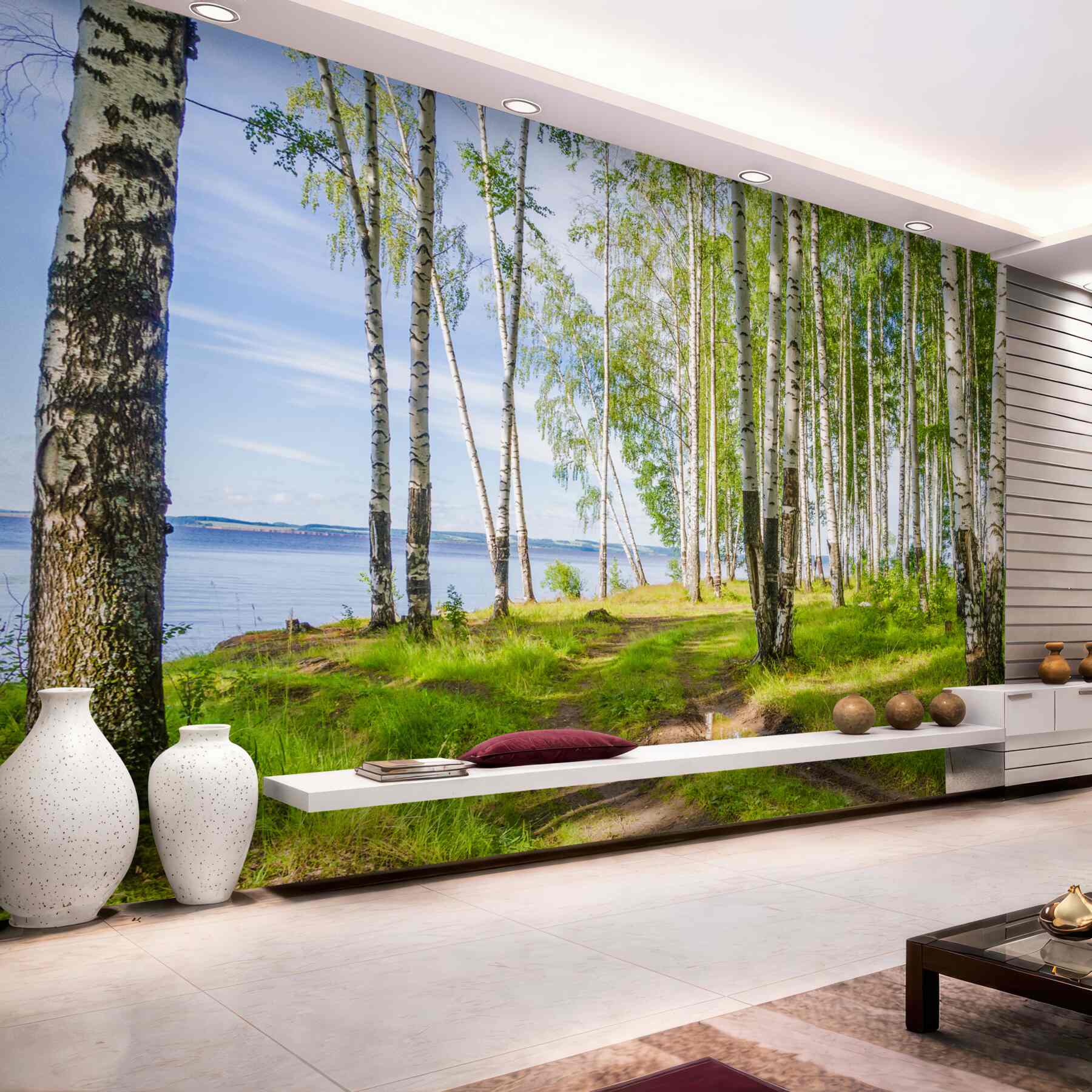 Fototapeta zielona łąka brzozowa w pobliżu jeziora?v23
