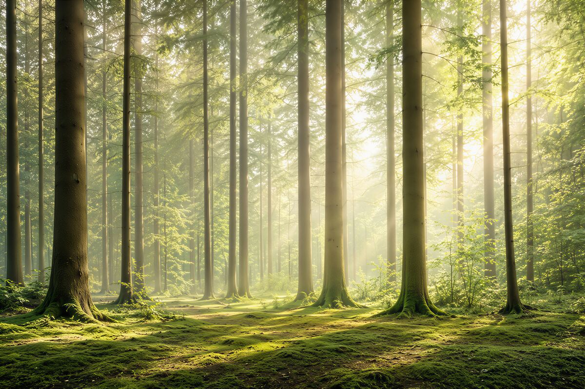 Fototapeta promienie słońca wśród smukłych drzew