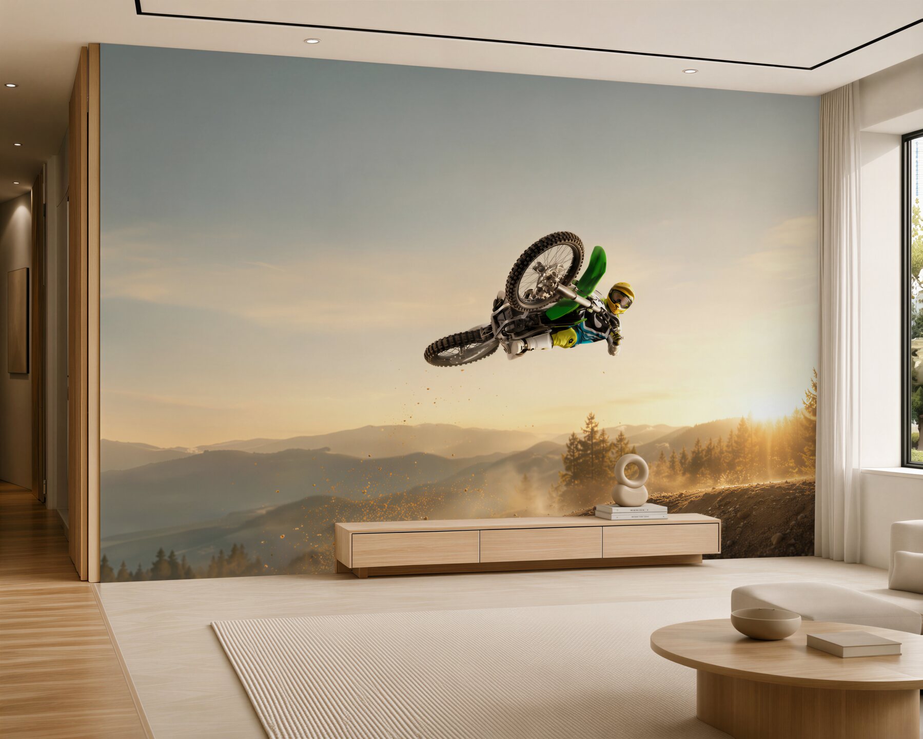 Fototapeta skok motocyklisty o zachodzie słońca