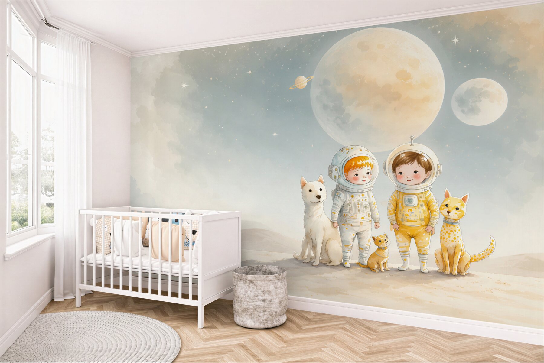 Fototapeta Dzieciaki ze zwierzętami w kosmosie