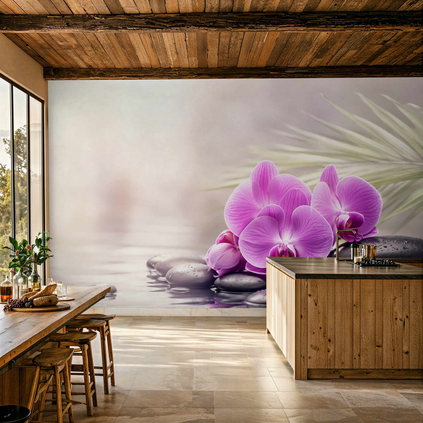 Fototapeta fioletowa orchidea na czarnym kamieniu w pobliżu wody?v23