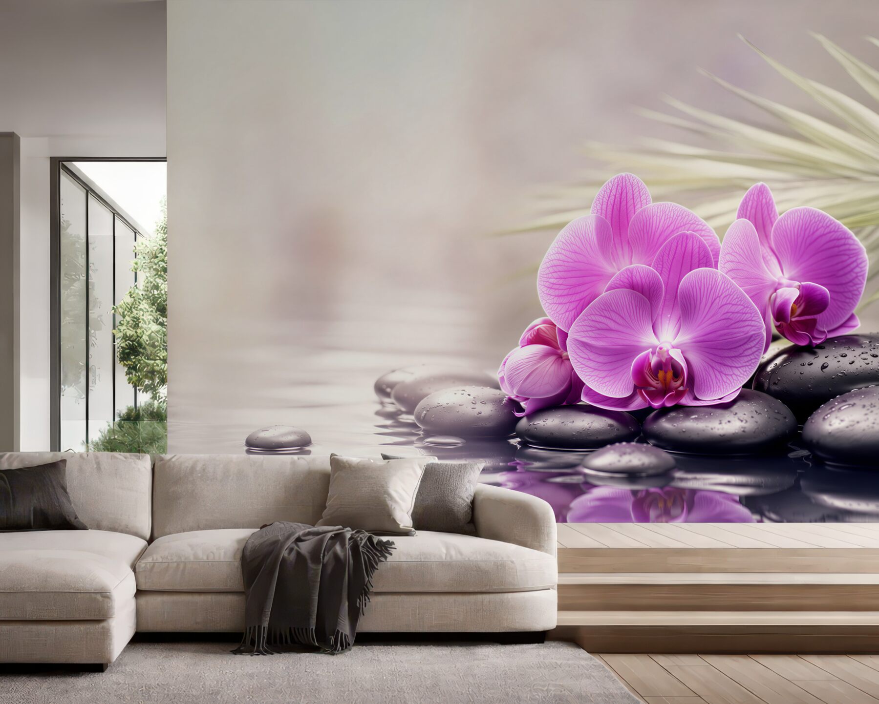 Fototapeta fioletowa orchidea na czarnym kamieniu w pobliżu wody?v23