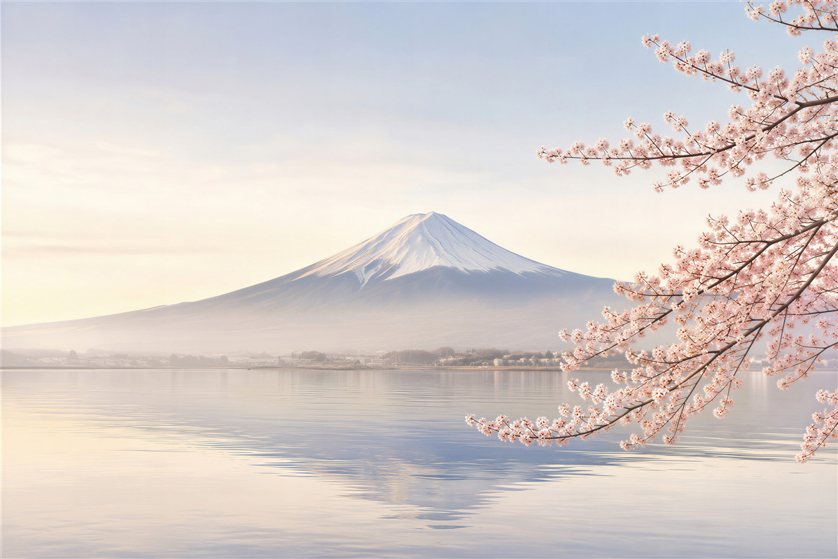 Fototapeta sakura na tle jeziora i gór