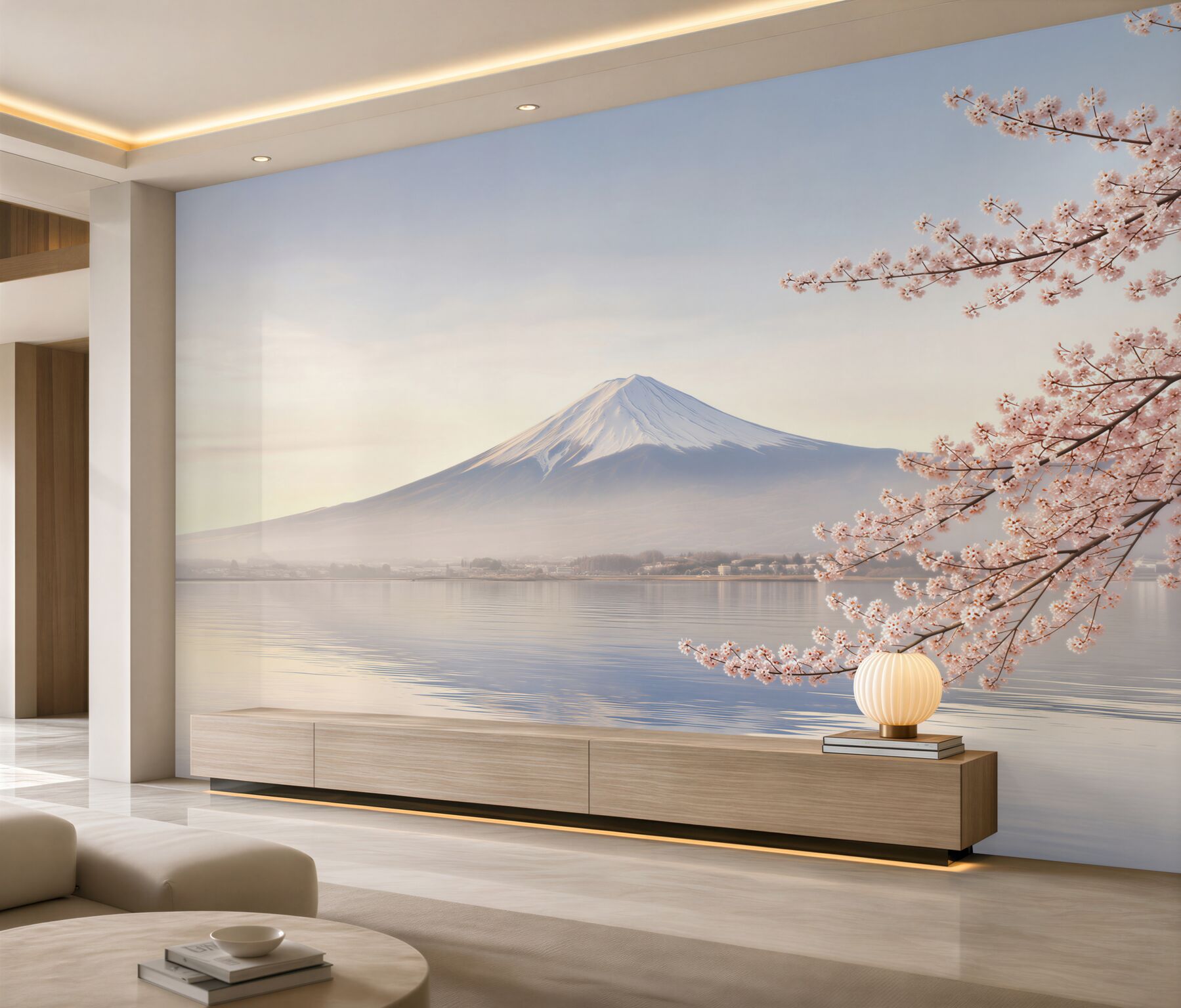 Fototapeta sakura na tle jeziora i gór