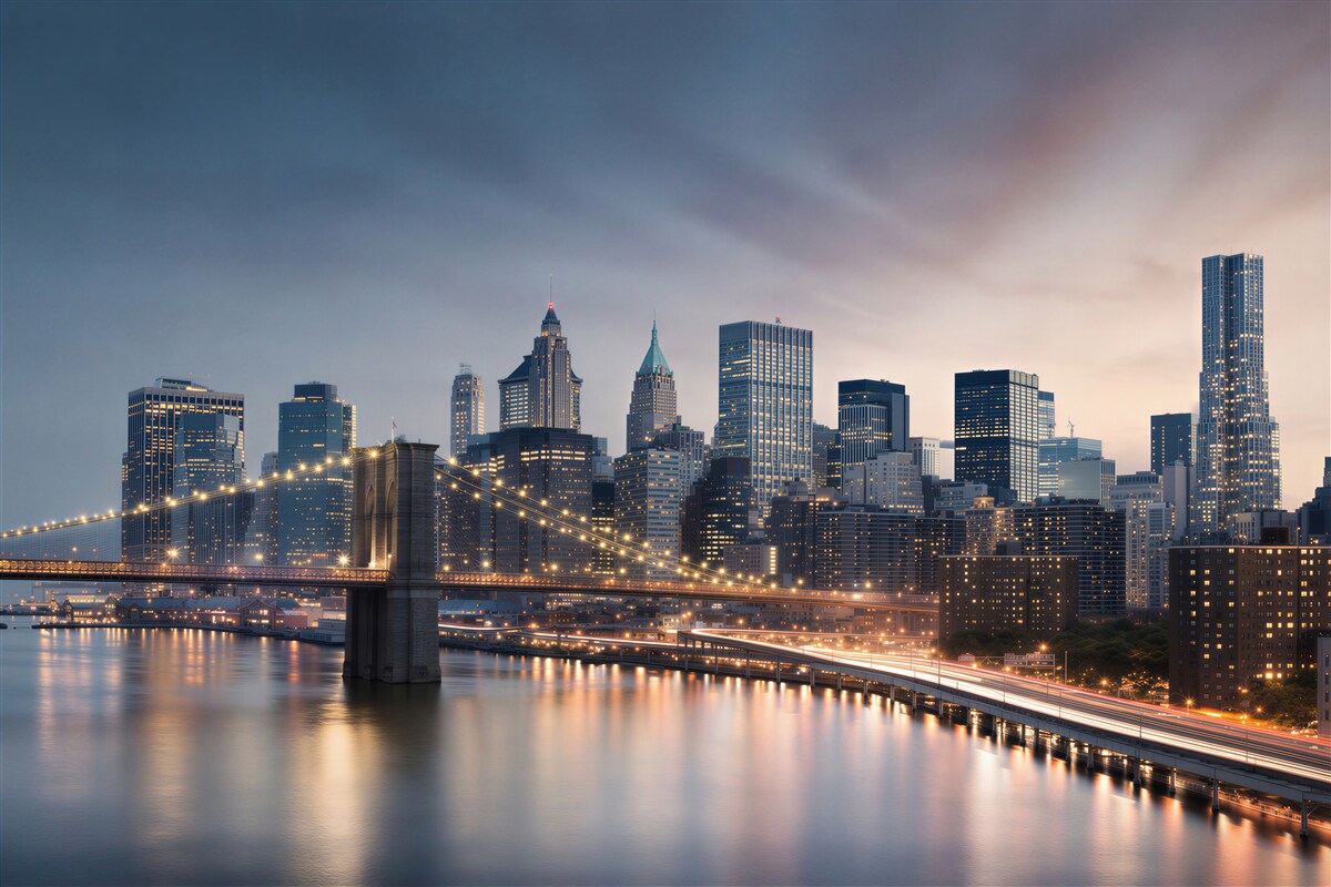 Fototapeta Molo na Manhattanie w nocy jest oświetlone