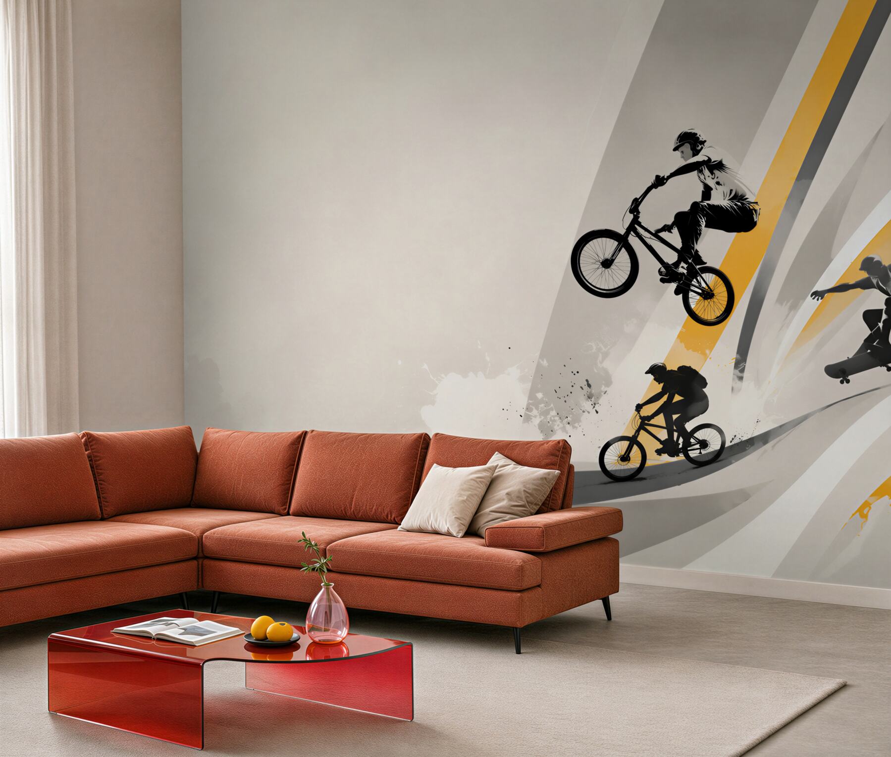 Fototapeta Chłopcy jeżdżą na rowerach i deskorolkach?v23