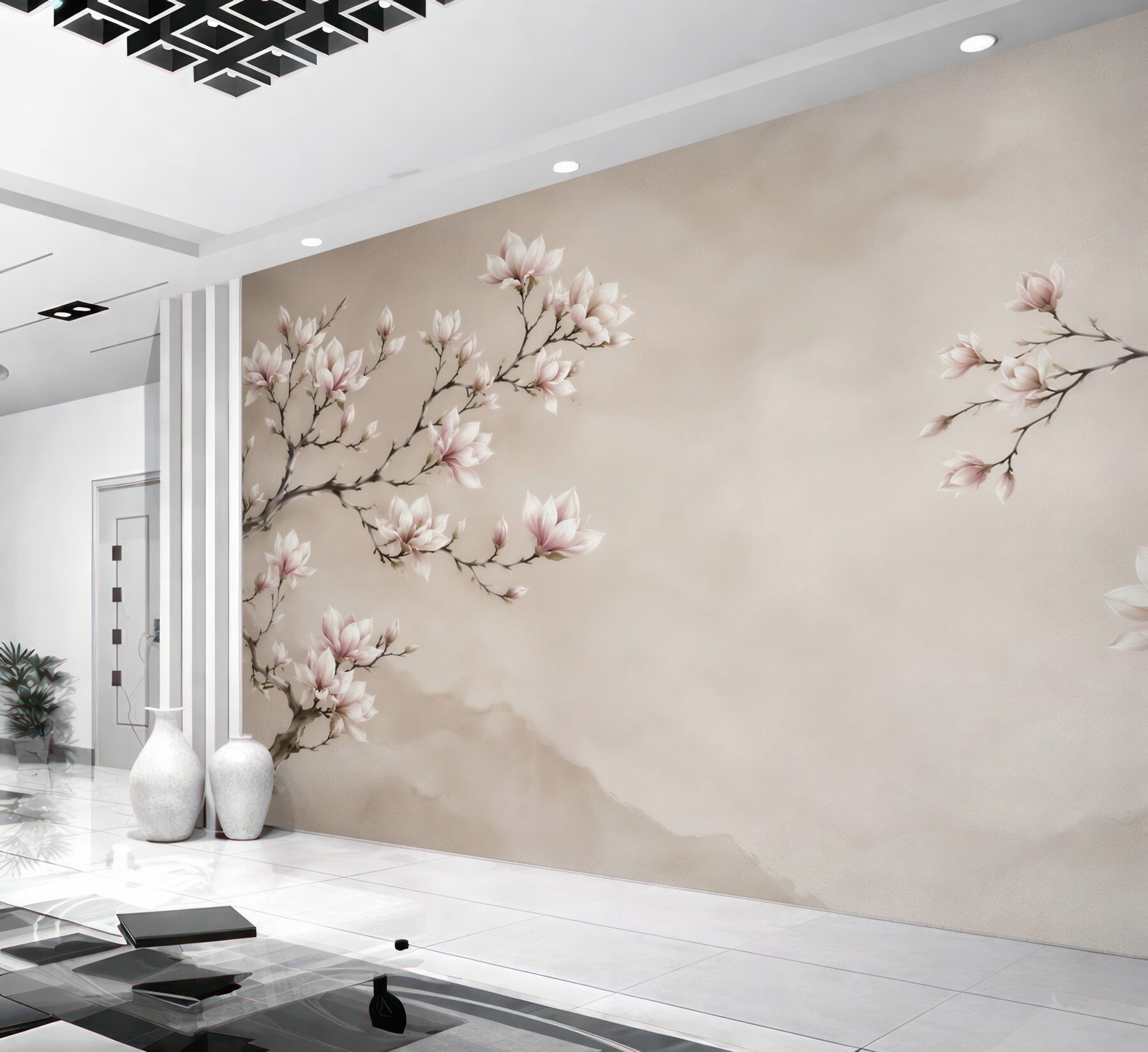 Fototapeta kwitnąca magnolia na beżowym tle w stylu orientalnym?v23