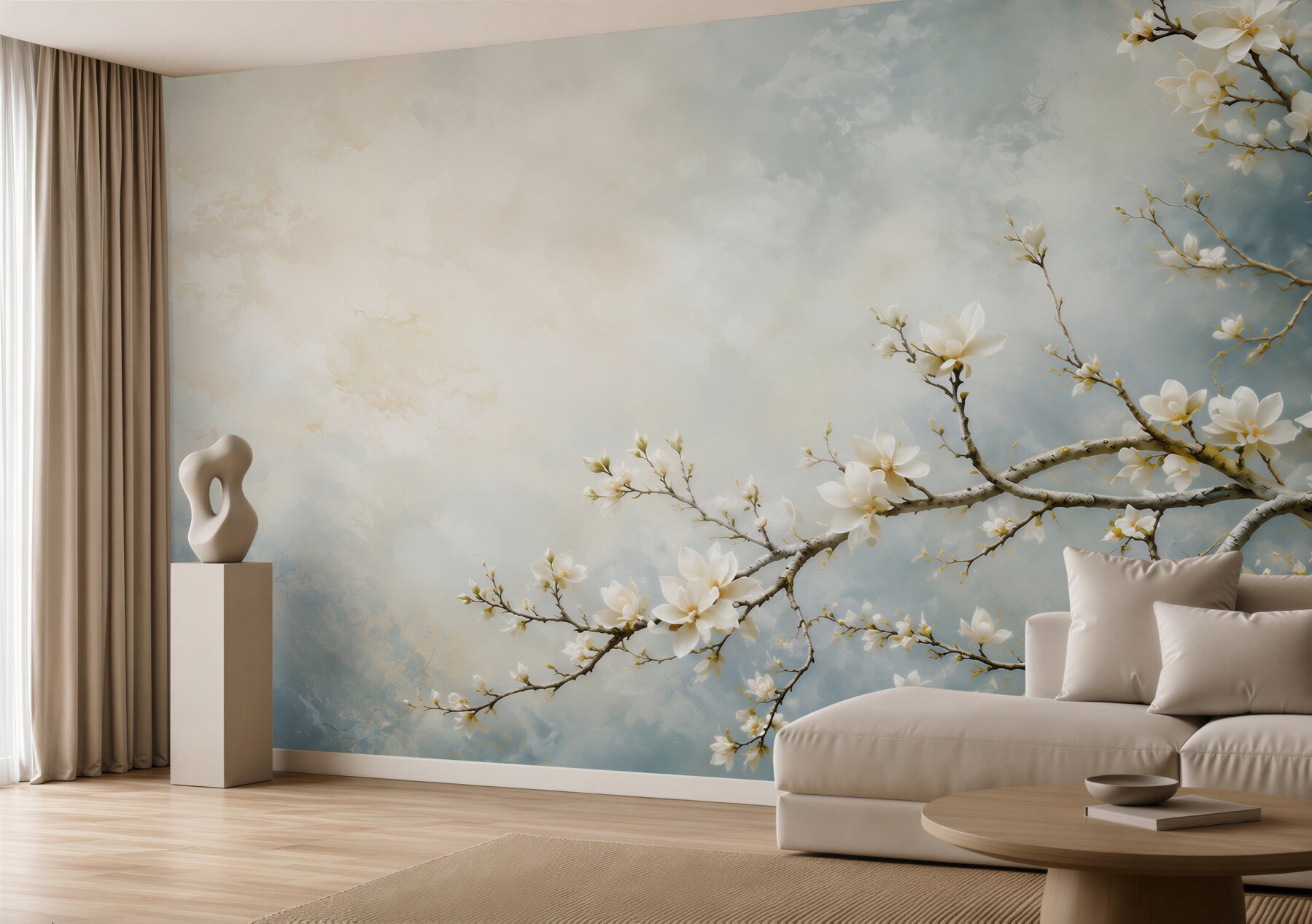 Fototapeta białe magnolie na gałęziach na błękitnym tle elegancka?v23