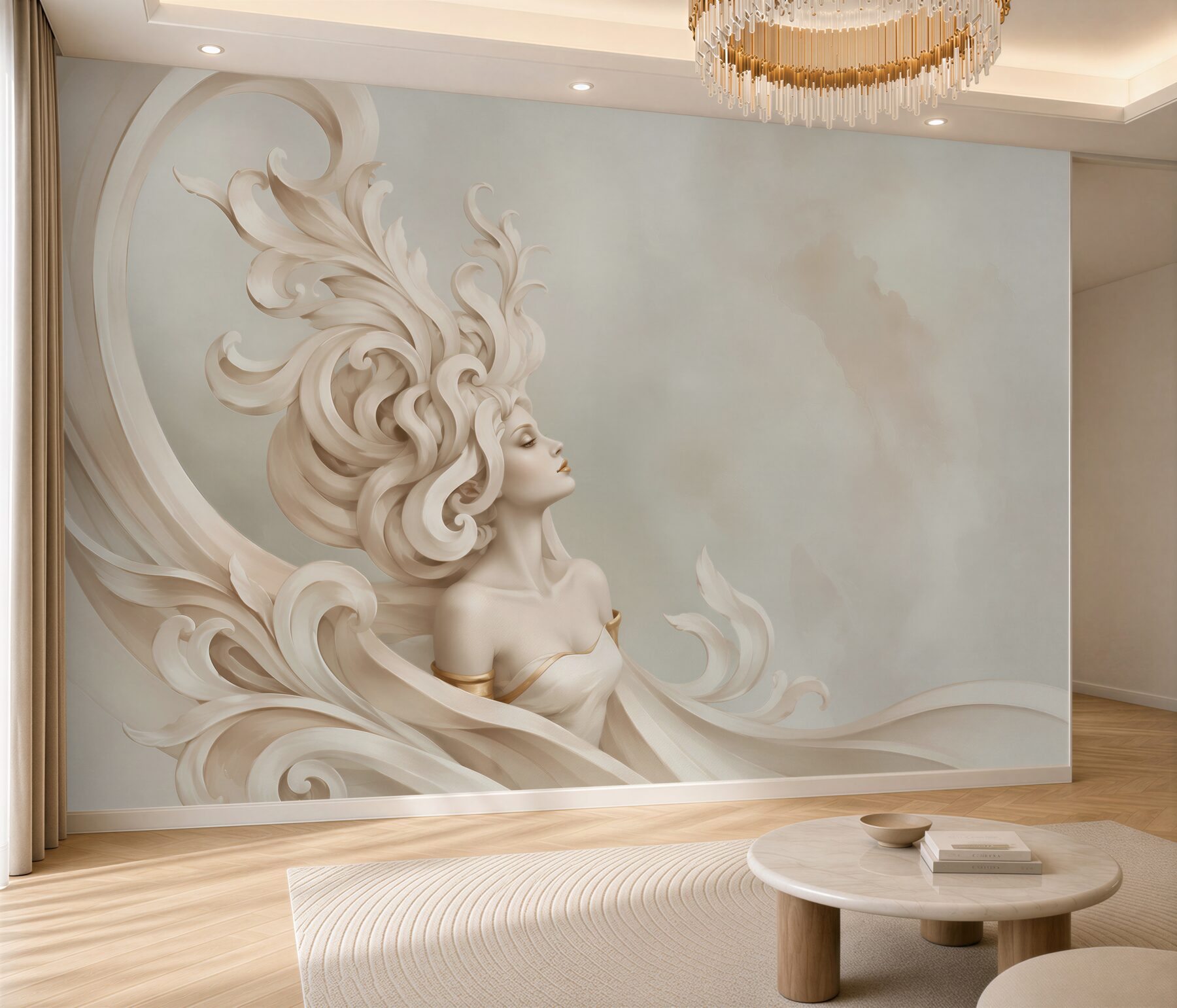 Fototapeta kobieta w kremowych ornamentach art déco elegancka?v23