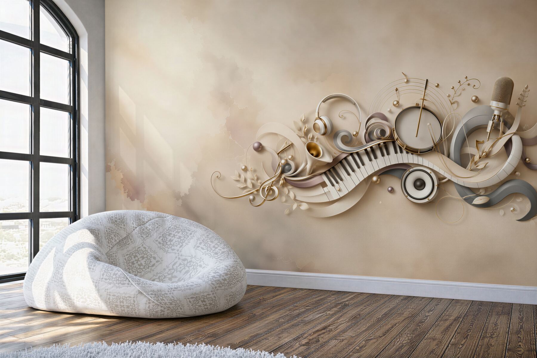Fototapeta instrumenty muzyczne z pianinem i mikrofonem w beżowym stylu?v23