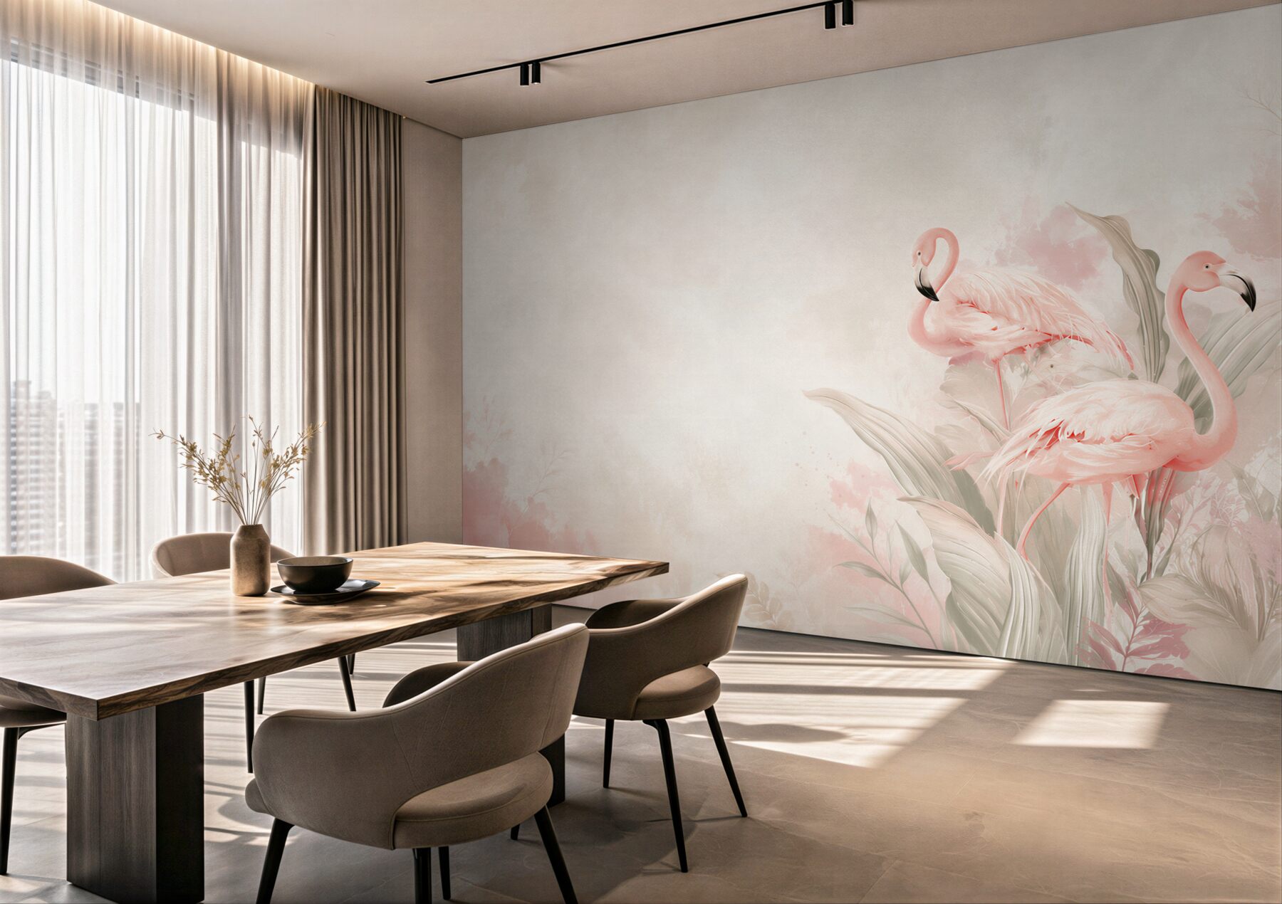 Fototapeta różowe flamingi w pastelowych liściach tropikalnych?v23