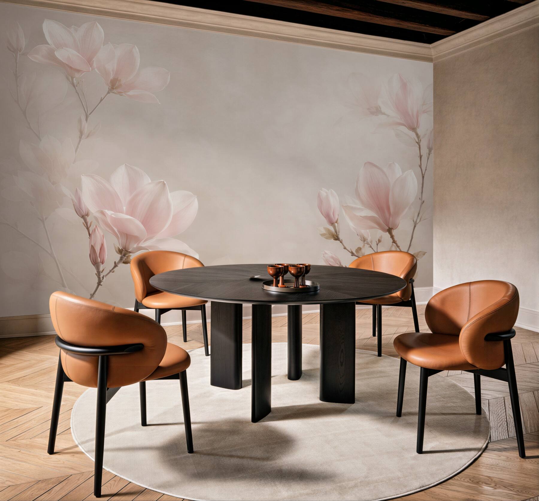 Fototapeta magnolie pudroworóżowe na beżowym tle do eleganckiej sypialni?v23
