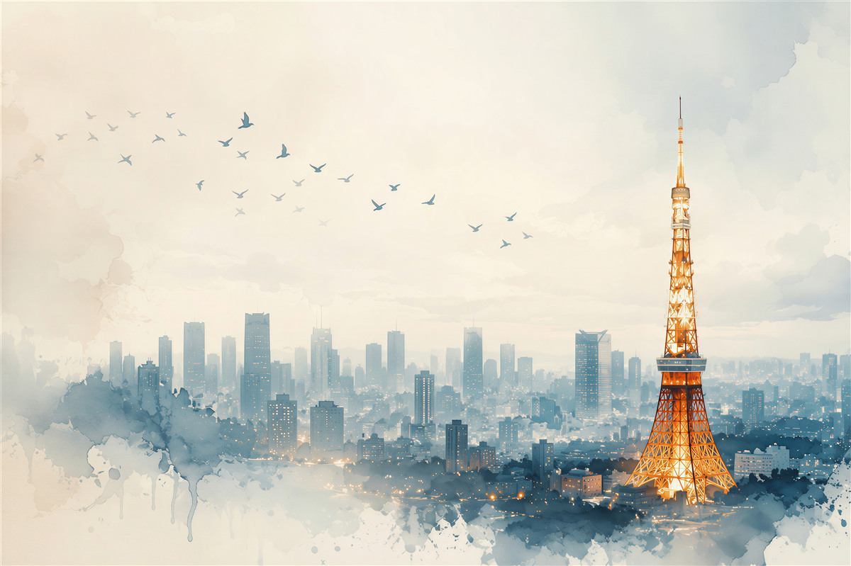 Fototapeta panorama Tokio z wieżą i ptakami w akwarelowym stylu