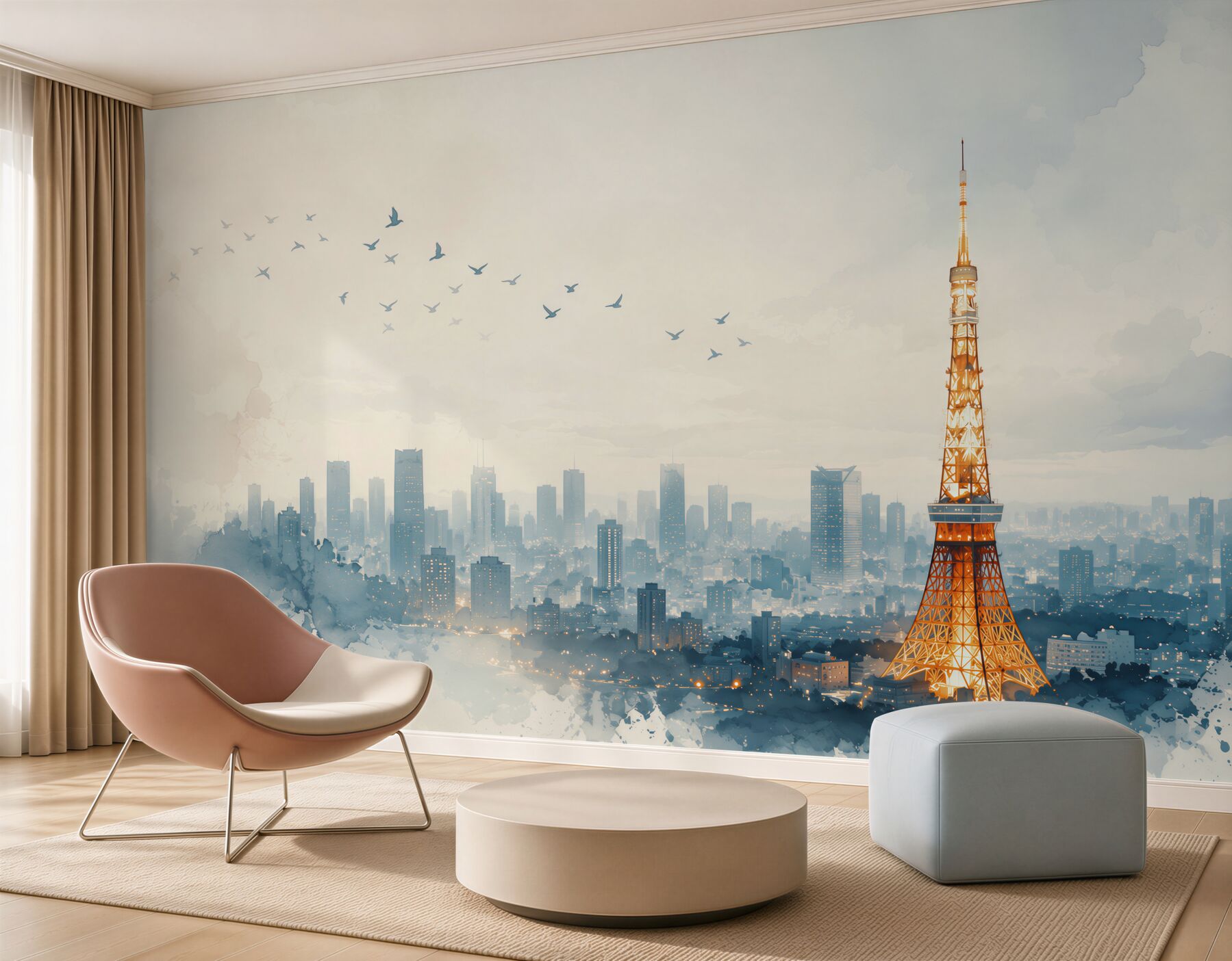Fototapeta panorama Tokio z wieżą i ptakami w akwarelowym stylu