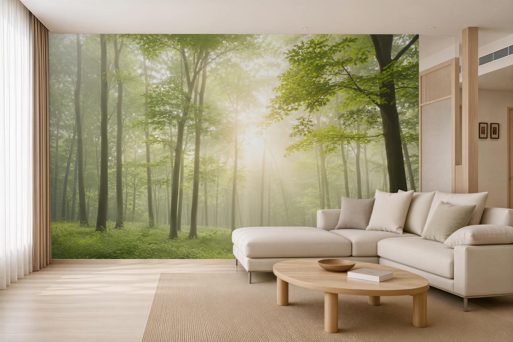 Fototapeta jasny zielony las z poranną mgłą i słońcem?v23
