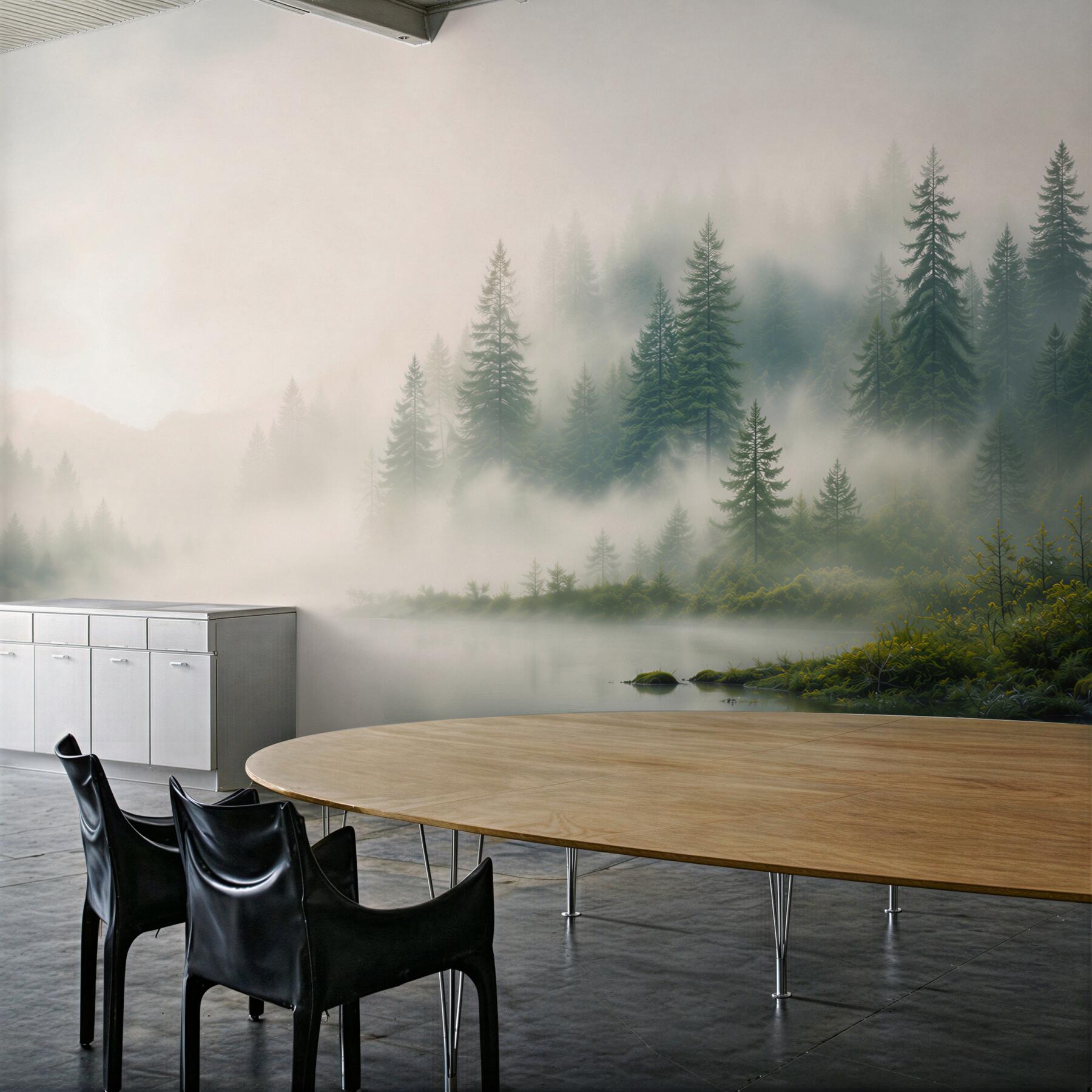 Fototapeta sosnowy las nad jeziorem we mgle zielona spokojna?v23