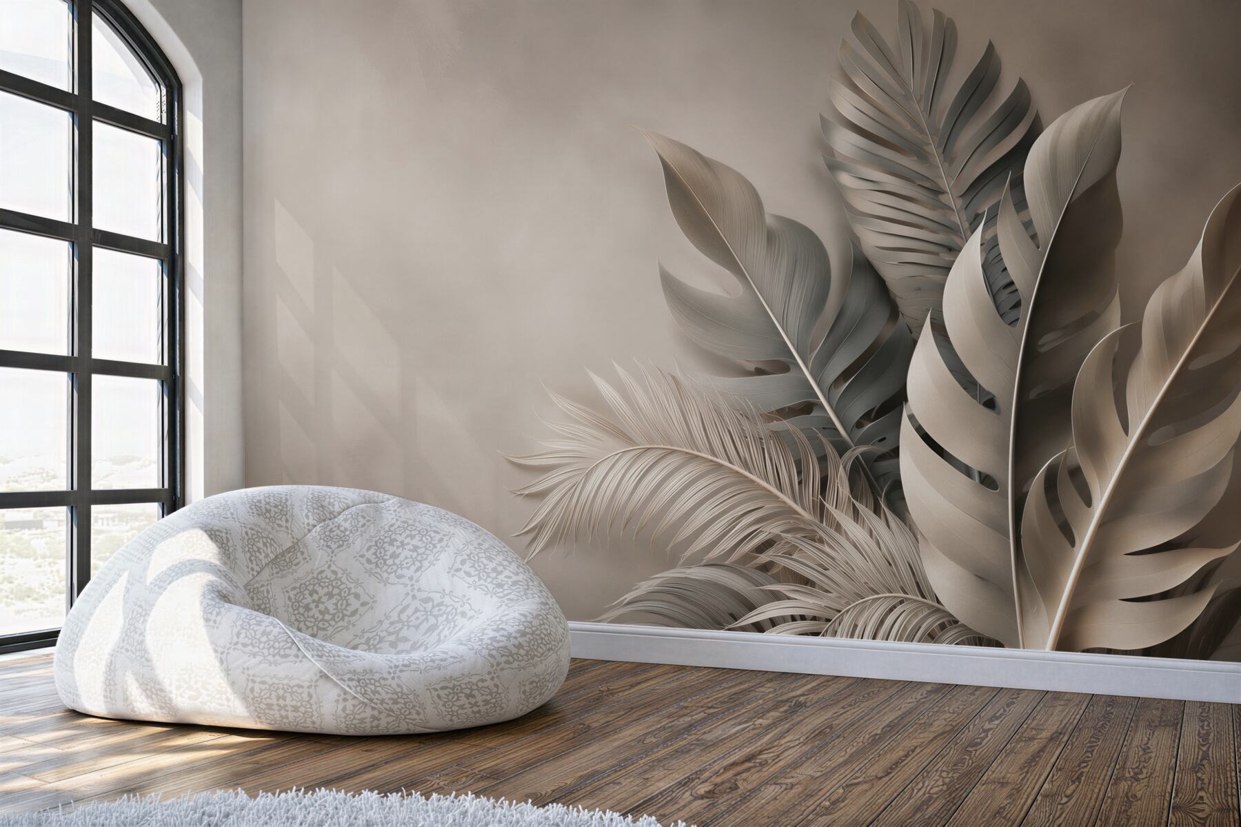 Fototapeta liście tropikalne beżowe 3D na subtelnym tle do salonu?v23