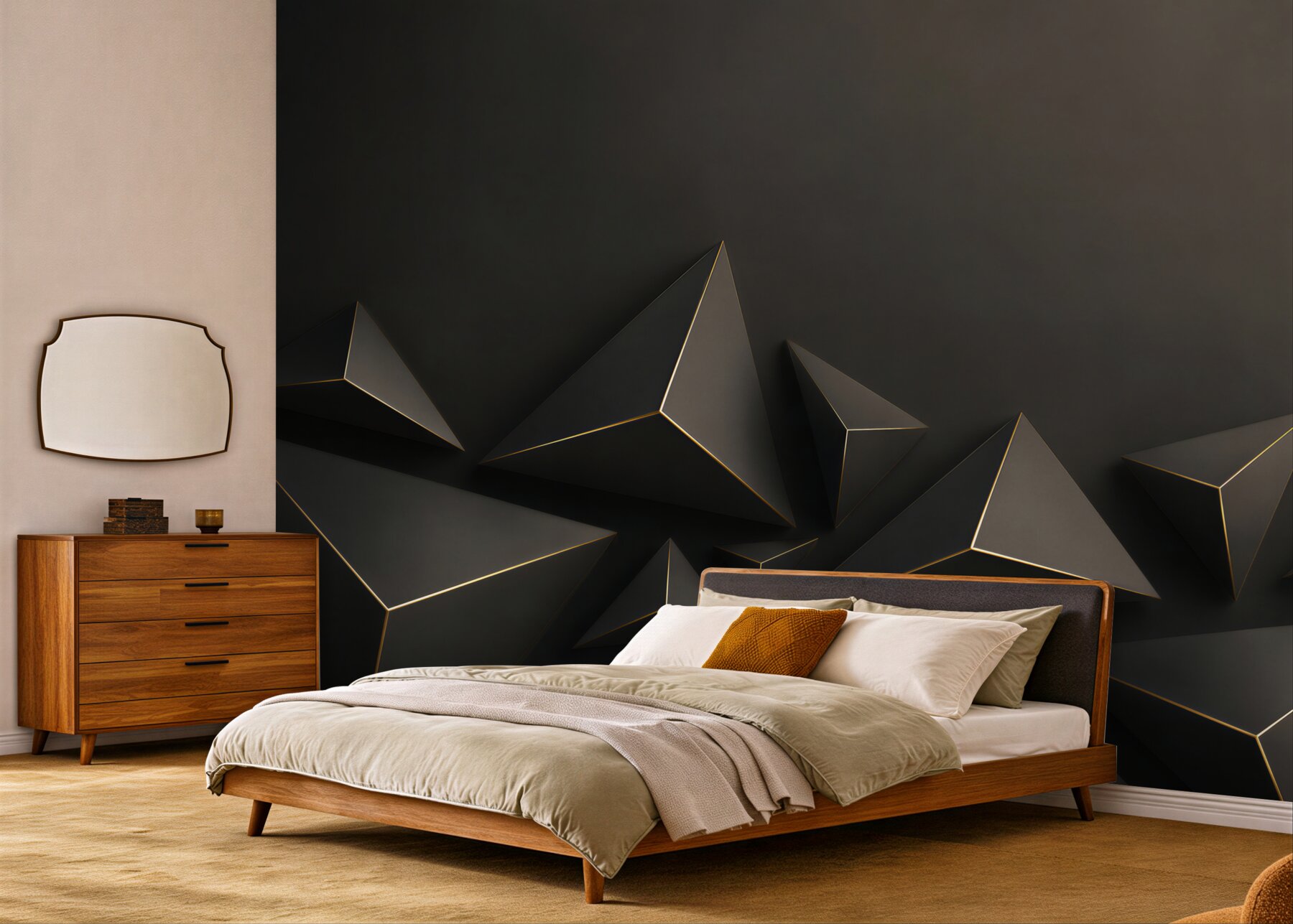 Fototapeta czarne piramidy 3D geometryczne z subtelną złotą linią?v23