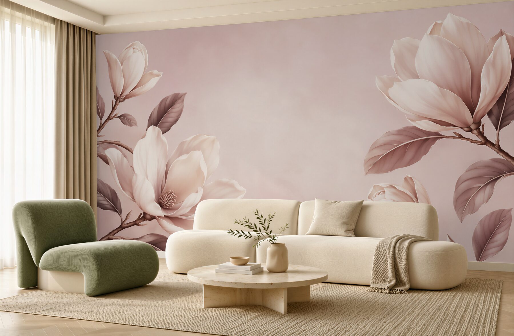 Fototapeta magnolie kremowe na gałęziach w pudrowym różu?v23