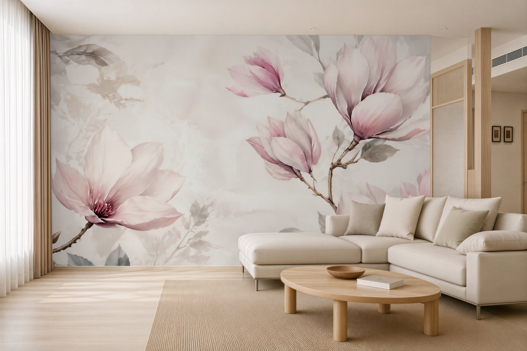Fototapeta magnolie pudrowo różowe na gałęziach w stylu akwareli?v23