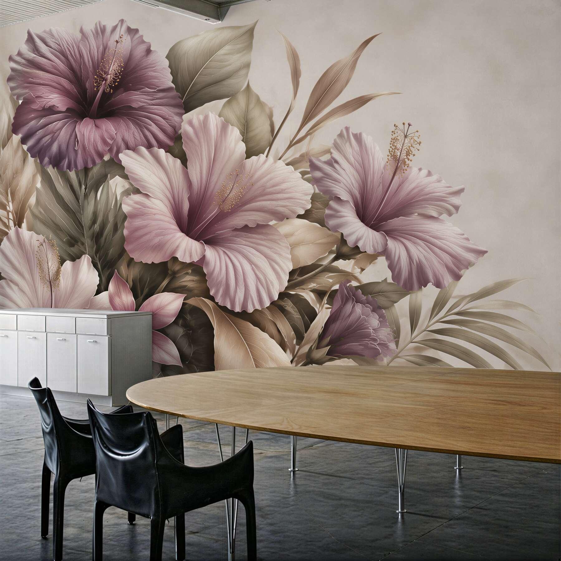 Fototapeta hibiskusy pudrowo fioletowe z beżowymi liśćmi?v23