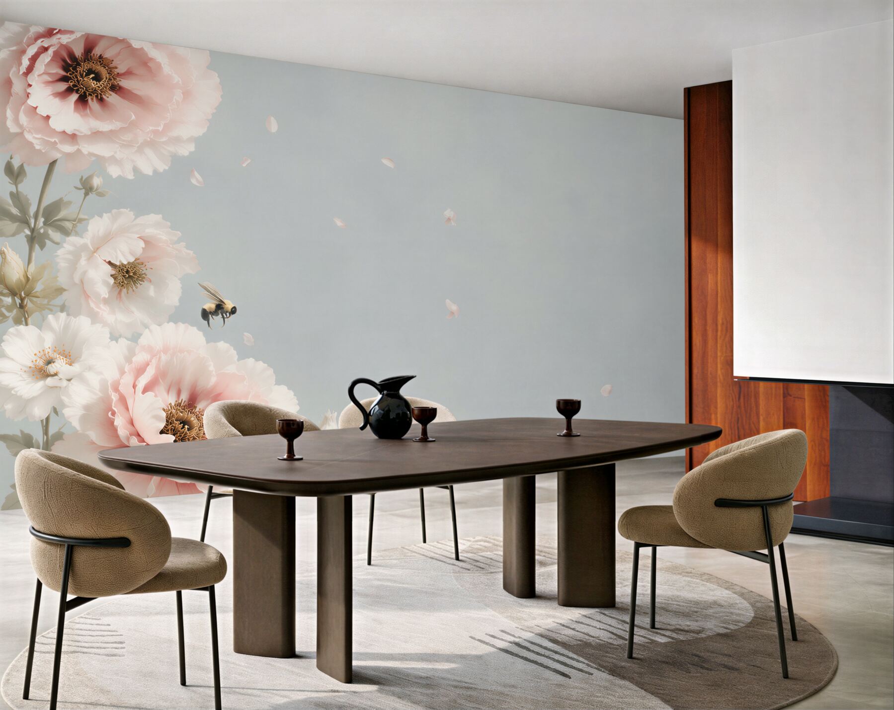 Fototapeta pastelowe maki z pszczołą na błękitnym tle?v23