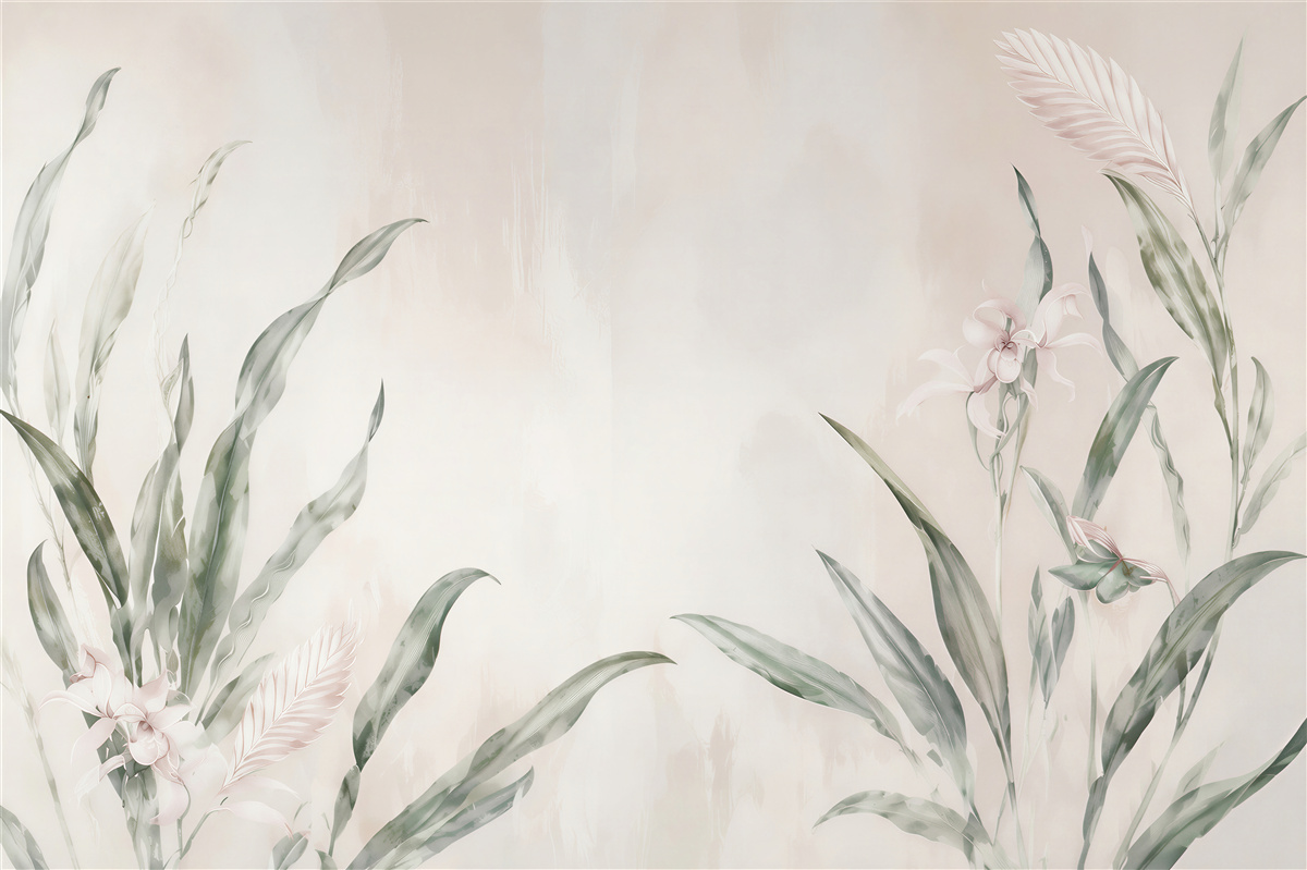 Fototapeta egzotyczne liście i delikatne kwiaty w stylu botanical