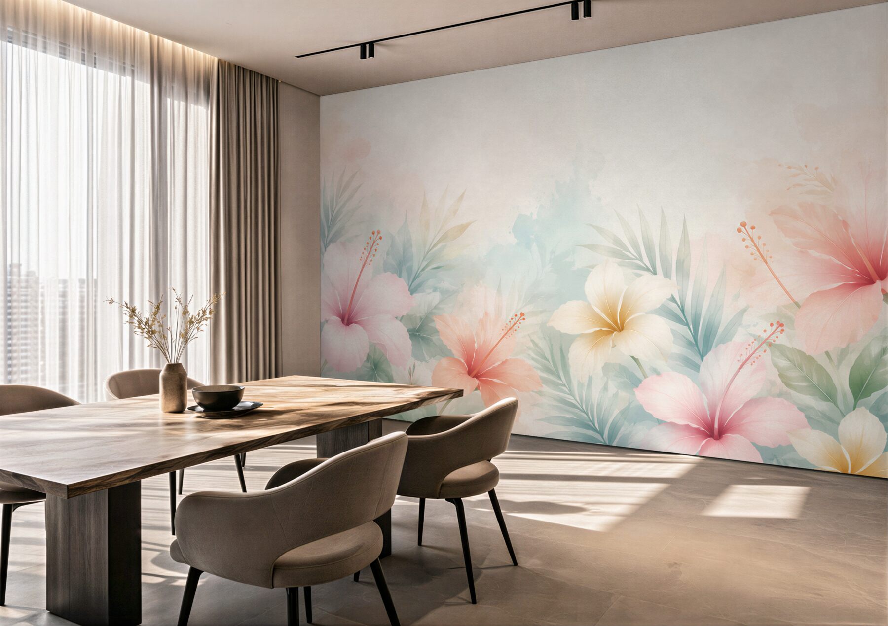 Fototapeta hibiskusy tropikalne pastelowe z liśćmi palmowymi?v23