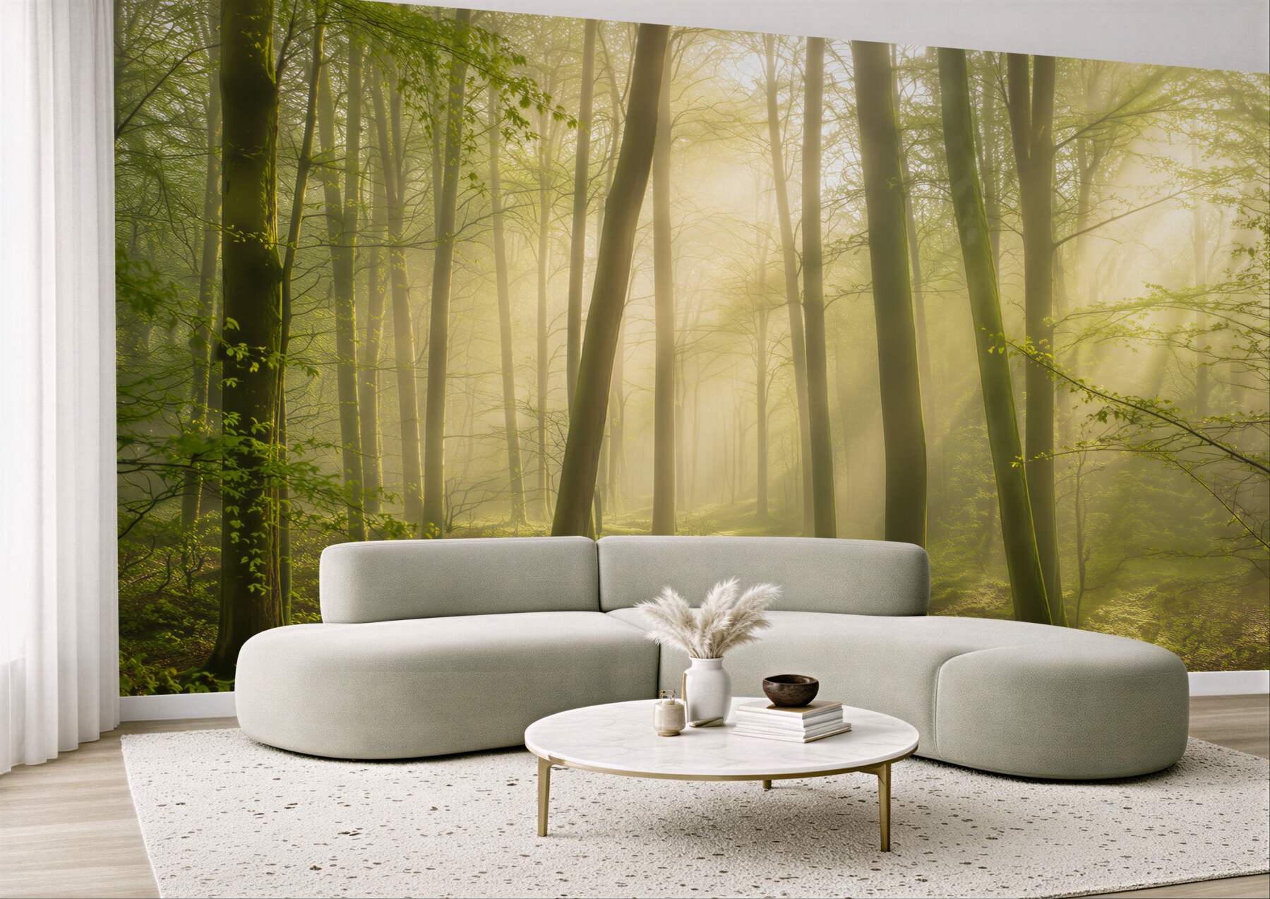 Fototapeta zielony las ze ścieżką w promieniach słońca?v23