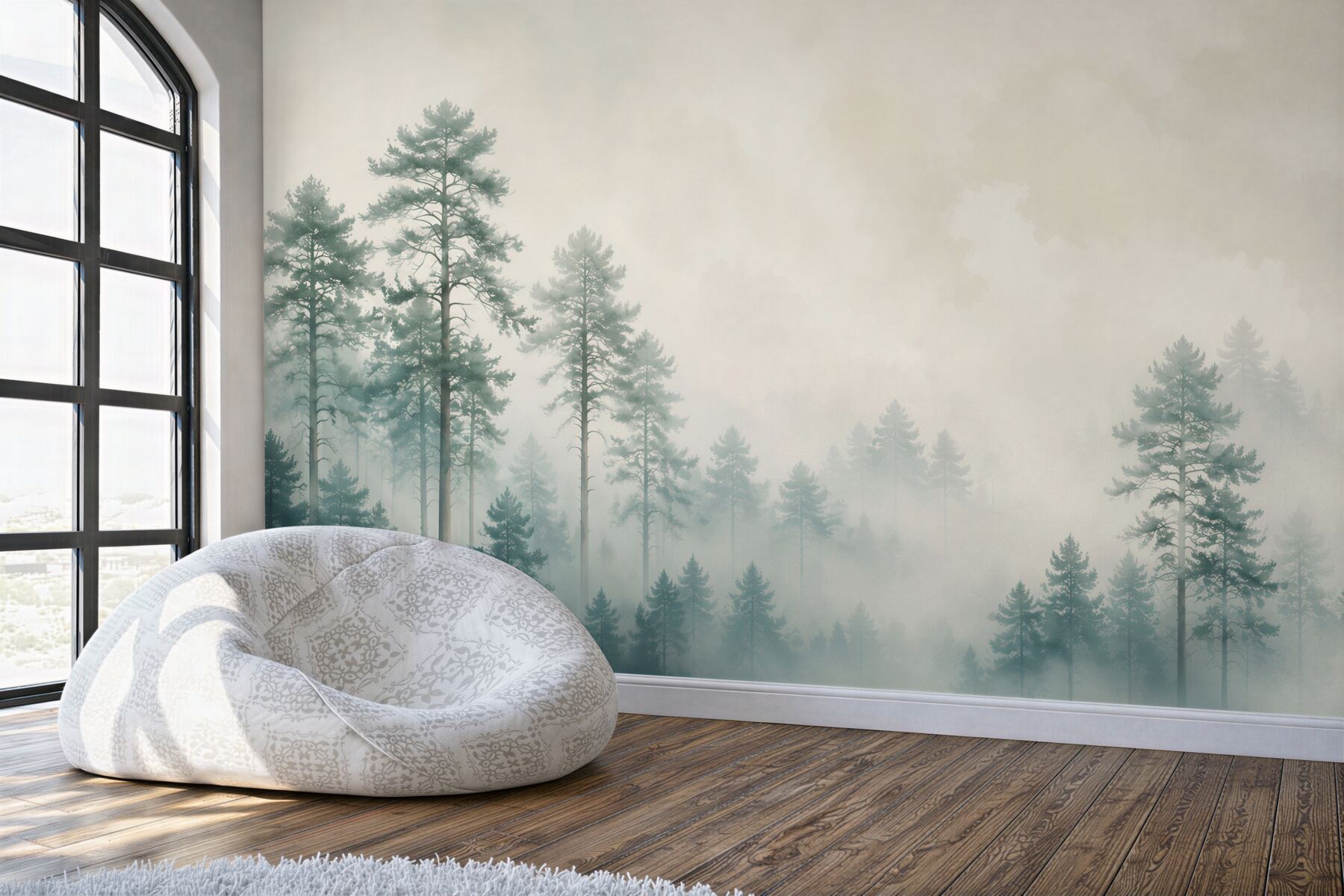 Fototapeta sosnowy las we mgle z delikatnym światłem w stylu skandynawskim?v23