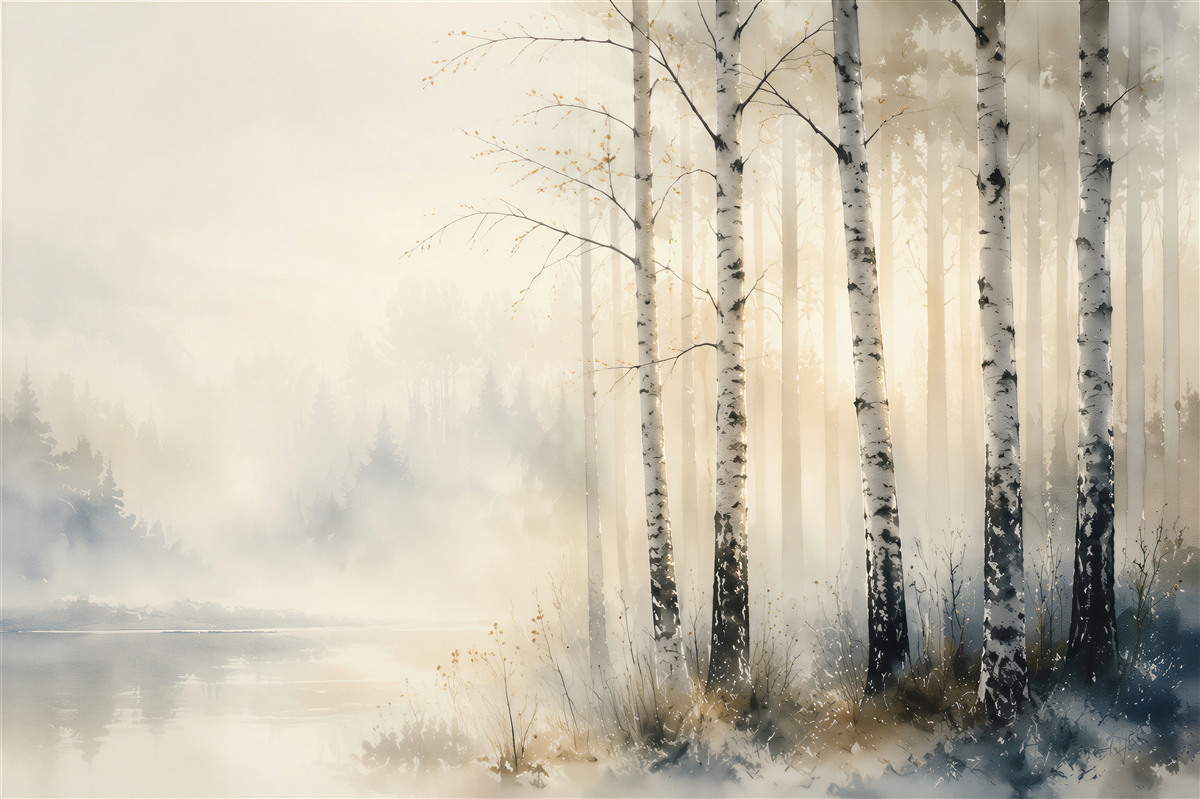 Fototapeta brzozy nad jeziorem we mgle w jasnych naturalnych barwach