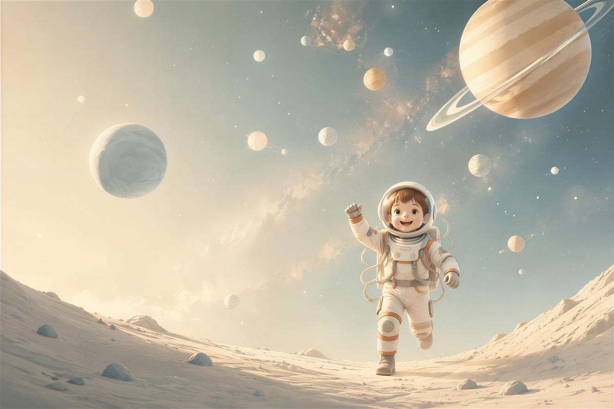 Fototapeta astronauta w kosmosie z planetami dla pokoju dziecka
